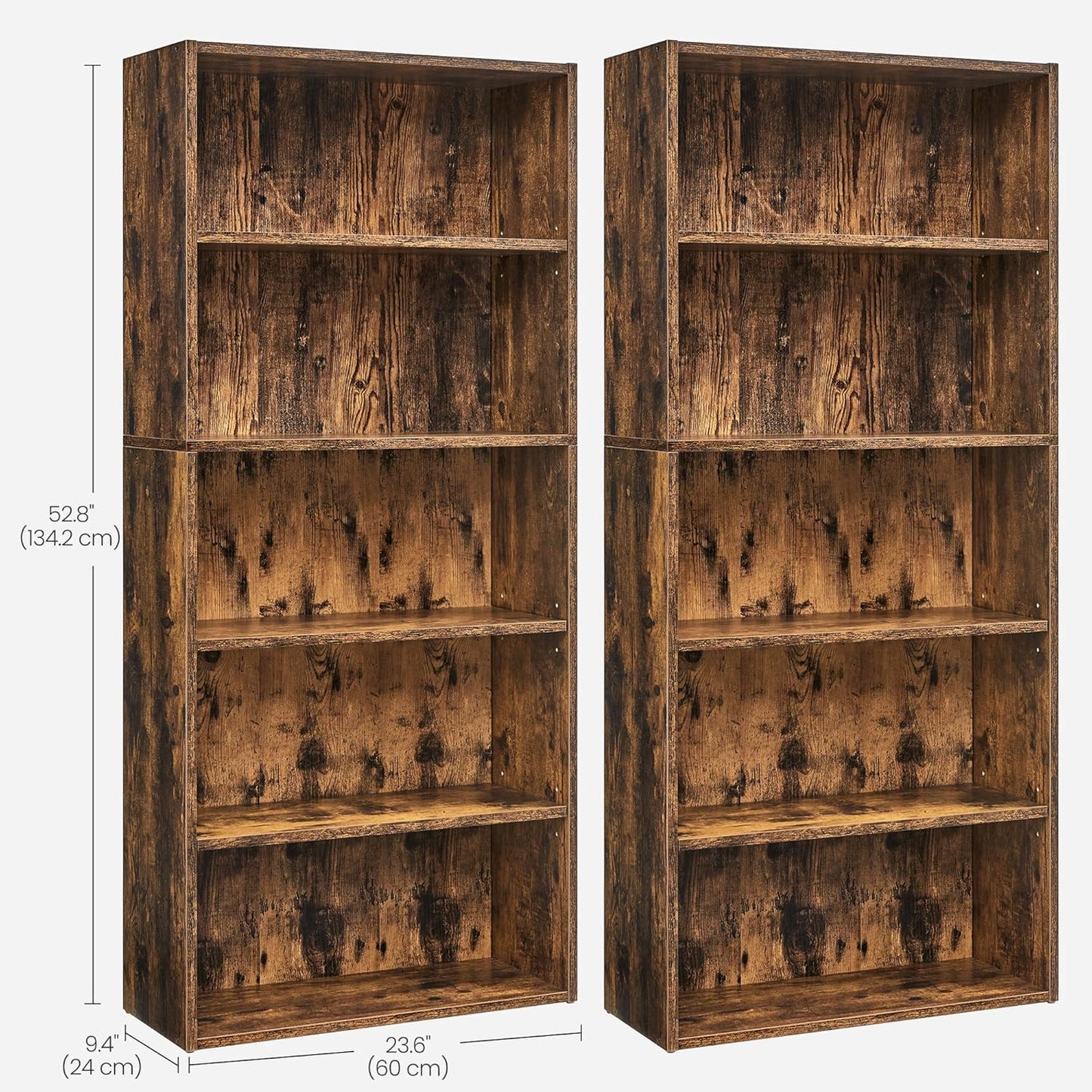 VASAGLE Set of 2 Bookshelves, 23.6 Inches Wide, 5-Tier Open Bookcases with Adjustable Storage Shelves, Floor Standing Units, Rustic Brown ULBC165X01-2