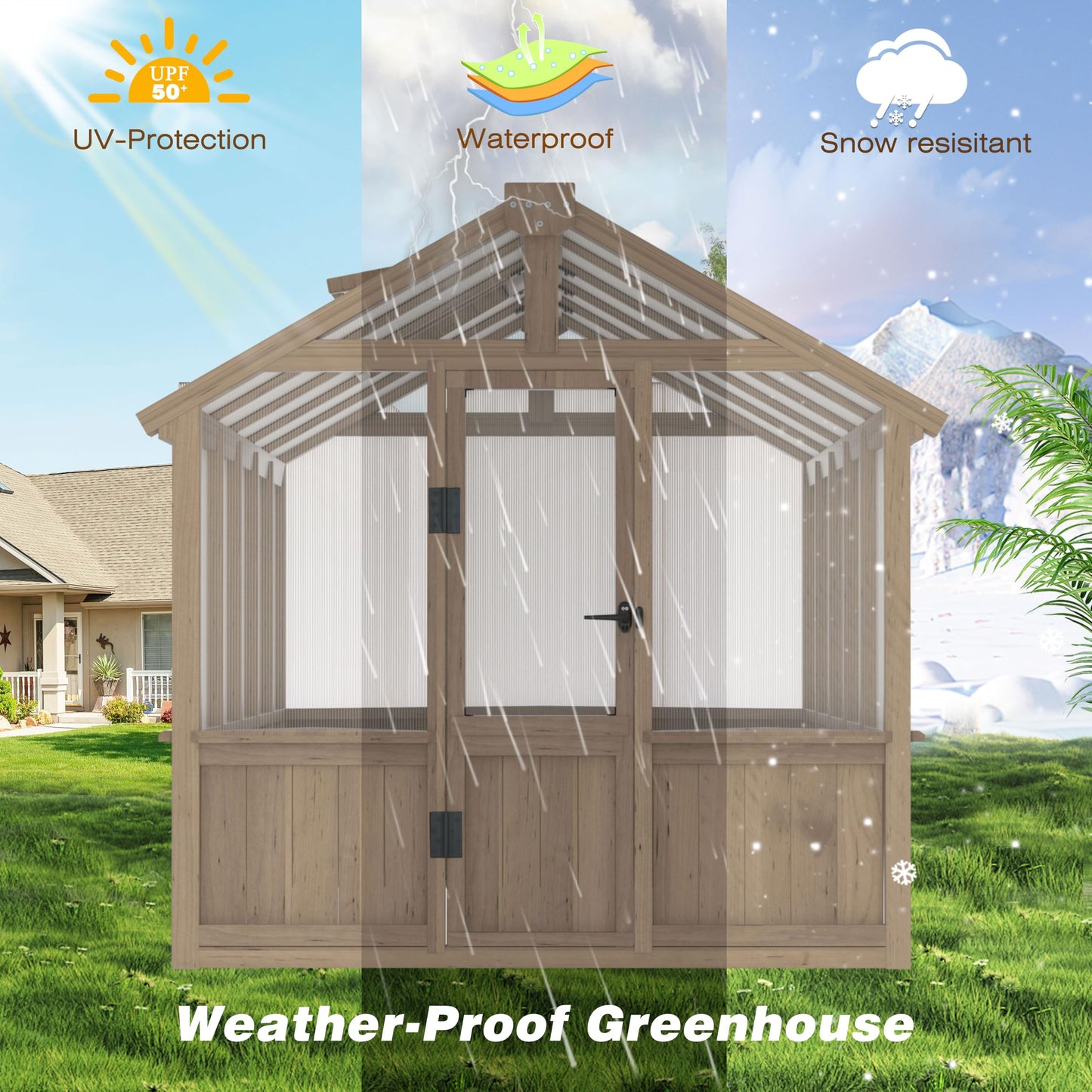 Yardenaler 6x10 FT Green House for Outdoor, 6MM Thick Polycarbonate Panel Wooden Walk-in Greenhouse Kit with Lockable Door and Adjustable Roof Vent, Backyard Garden, Light Mocha Brown