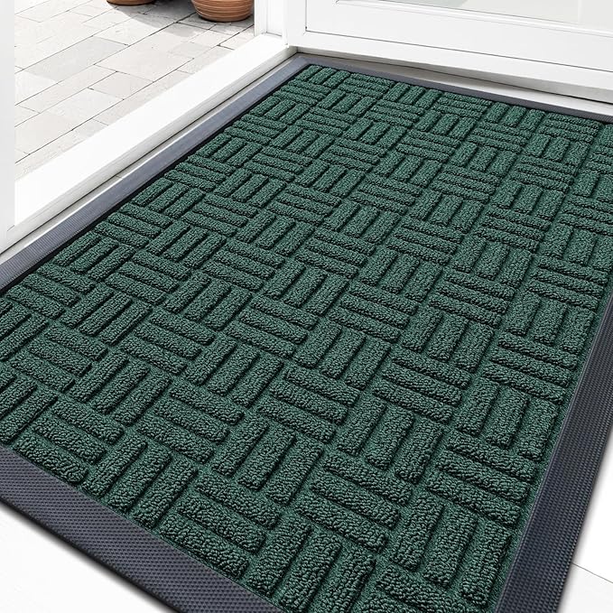 OLANLY Front Door Mat Outside Entrance 35x23, Absorbent, Heavy Duty Sturdy Natural Rubber Doormat Indoor Outdoor, Non-Slip, Stain and Fade Resistant, Low Profile Floor Mat for Entryway, Black Green