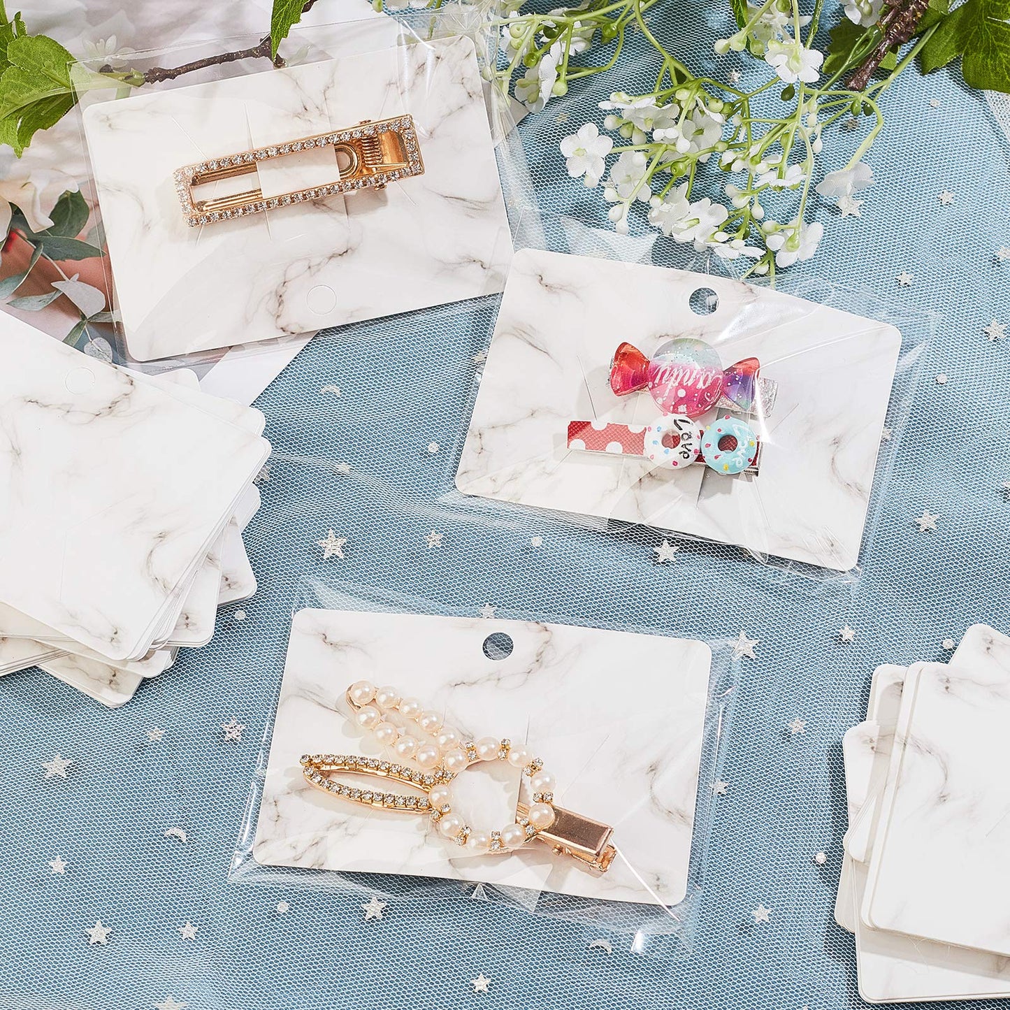 PH PandaHall 100pcs Hair Bow Holder, Marble Pattern Hair Clip Display Cards 3.9x2.5” Rectangular Cardboard Hair Clip Hanger with 100pcs OPP Bags for Jewelry Hair Accessory Selling Small Business
