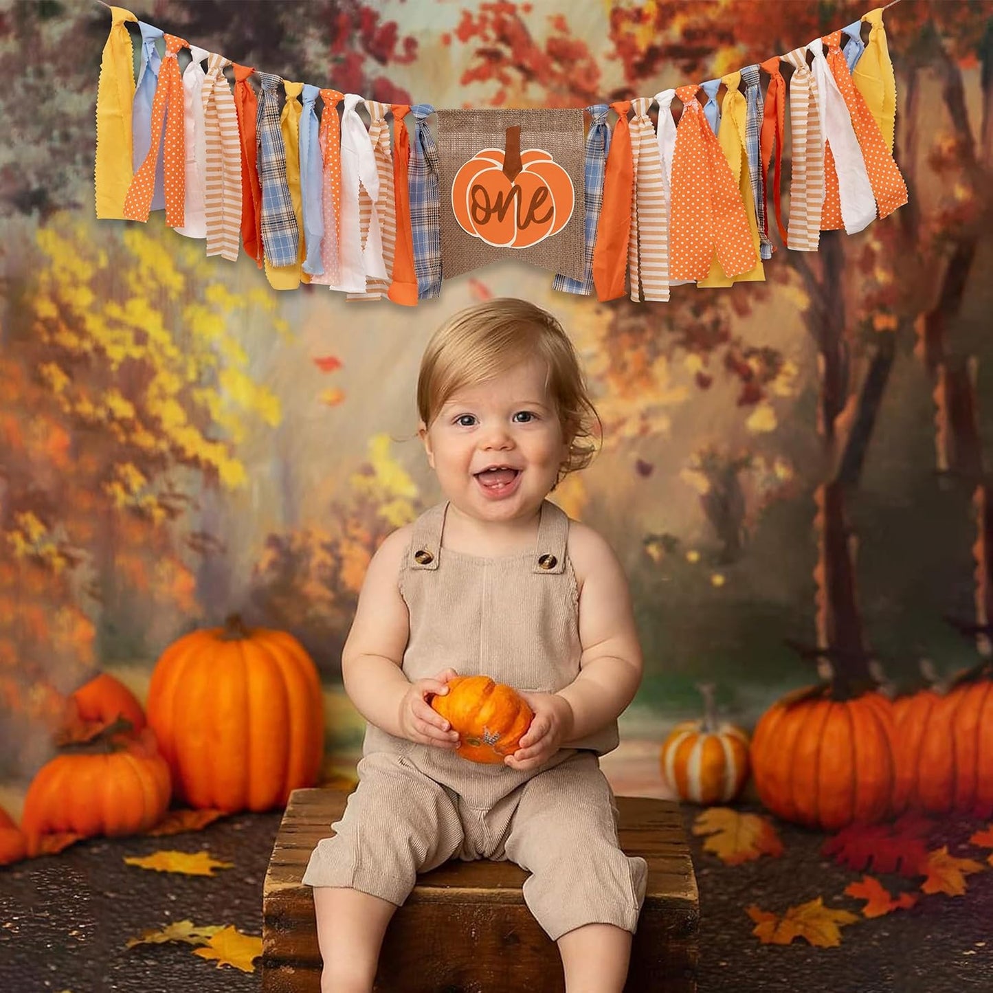 Pumpkin One High Chair Banner - Halloween 1st Birthday Party Decoration Supplies, Fall Thanksgiving Party Banner, Anniversary Photo shoot background props