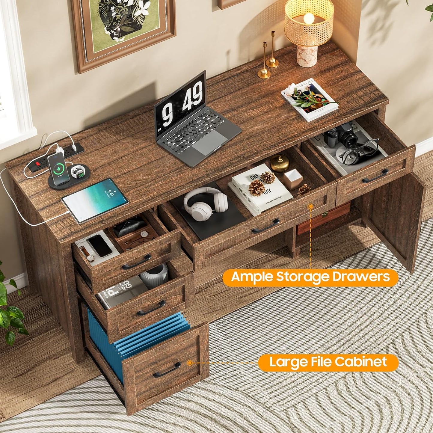 Farmhouse 61'' Executive Desk with 5 Drawers, Rustic Office Desk Computer Desk with Charging Station, File Drawers and Storage Cabinet, Wood Workstation for Study and Home Office, Red-Brown.
