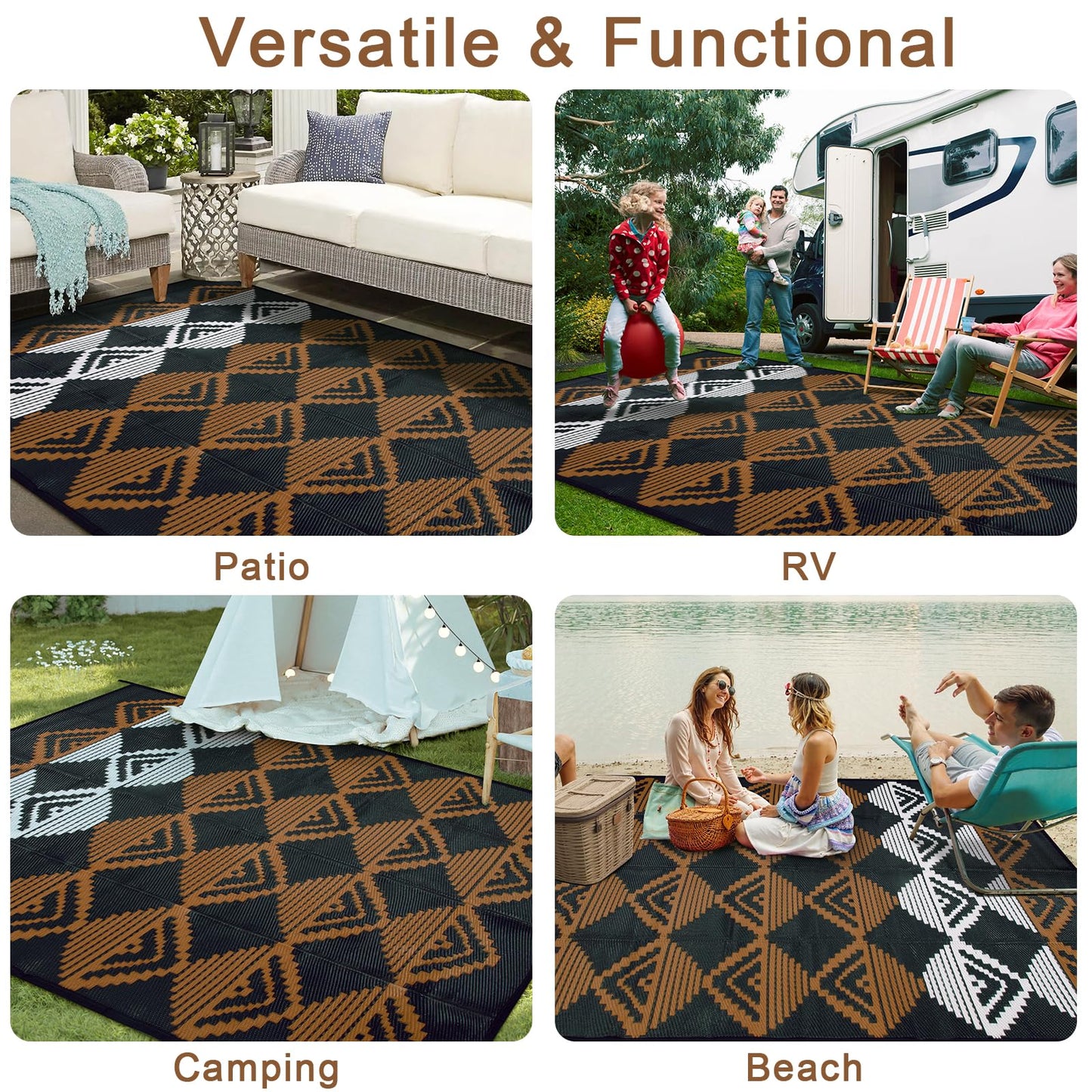 Beeiva Outdoor Rugs 8x10 Waterproof, Modern Geometric Reversible Patio Rug 8x10, Large Foldable Outdoor Plastic Straw Rug for Camping, Porch, Backyard, Balcony, Picnic - Black & Brown