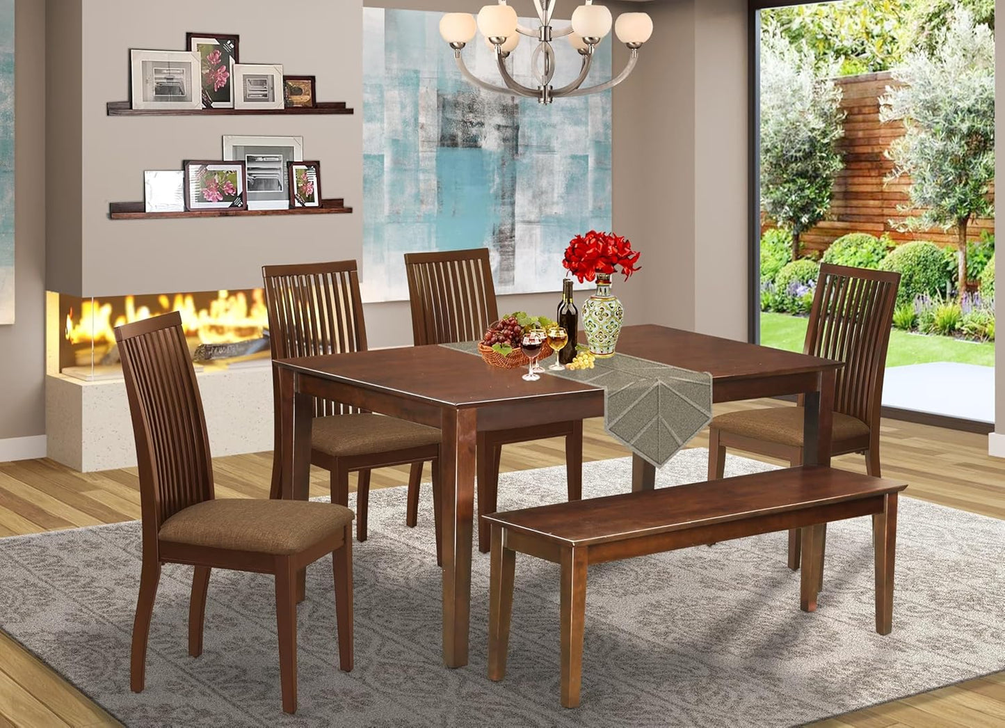 East West Furniture CAIP6-MAH-C 6 Piece Modern Dining Table Set Contains a Rectangle Wooden Table and 4 Linen Fabric Upholstered Chairs with a Bench, 36x60 Inch, Mahogany