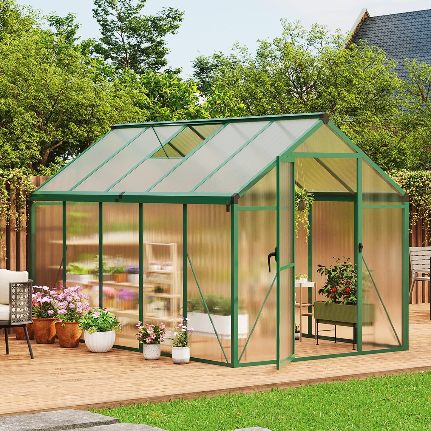 6X10 FT Greenhouse for Outdoors, Polycarbonate Flower Greenhouse with Roof Vent, Push-Pull Lockable Door, Aluminum Walk-in Greenhouses for Outside Garden Backyard, Patio, Lawn, Green