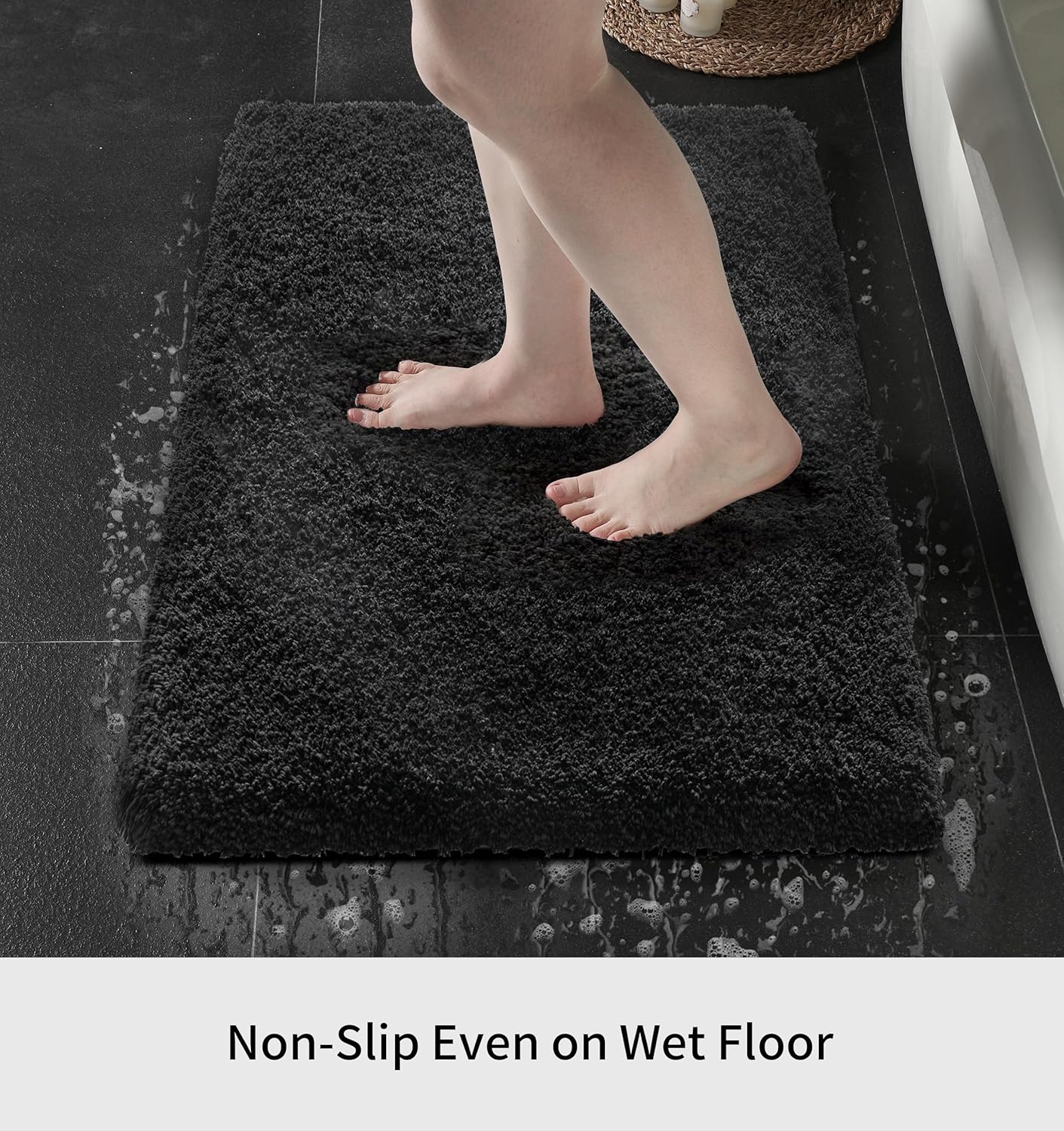 Small Bathroom Rug 17x24 Non Slip Black Fluffy Bath Mat for Bathroom Floor Washable Plush Luxury Bath Rug for Tub Soft Shaggy Shower Mat