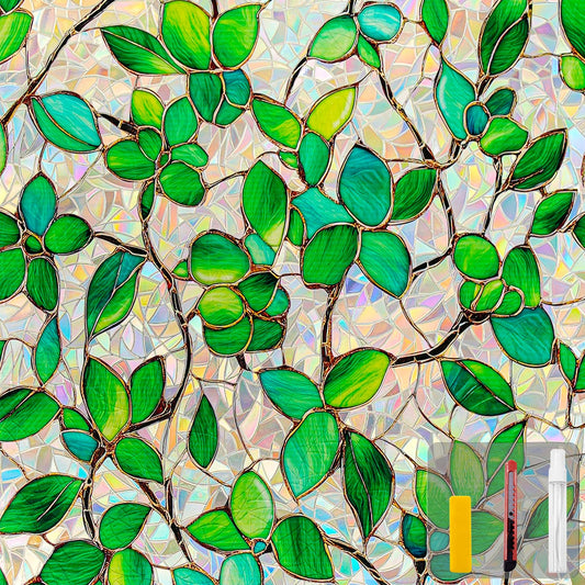 COUNTEWOL Window Privacy Film with Installation Tools Home Decorative Colored Glass Window Stickers Reusable electrostatic Rainbow Stickers (Greenery Leaf, 17.5 x 157.4 in)