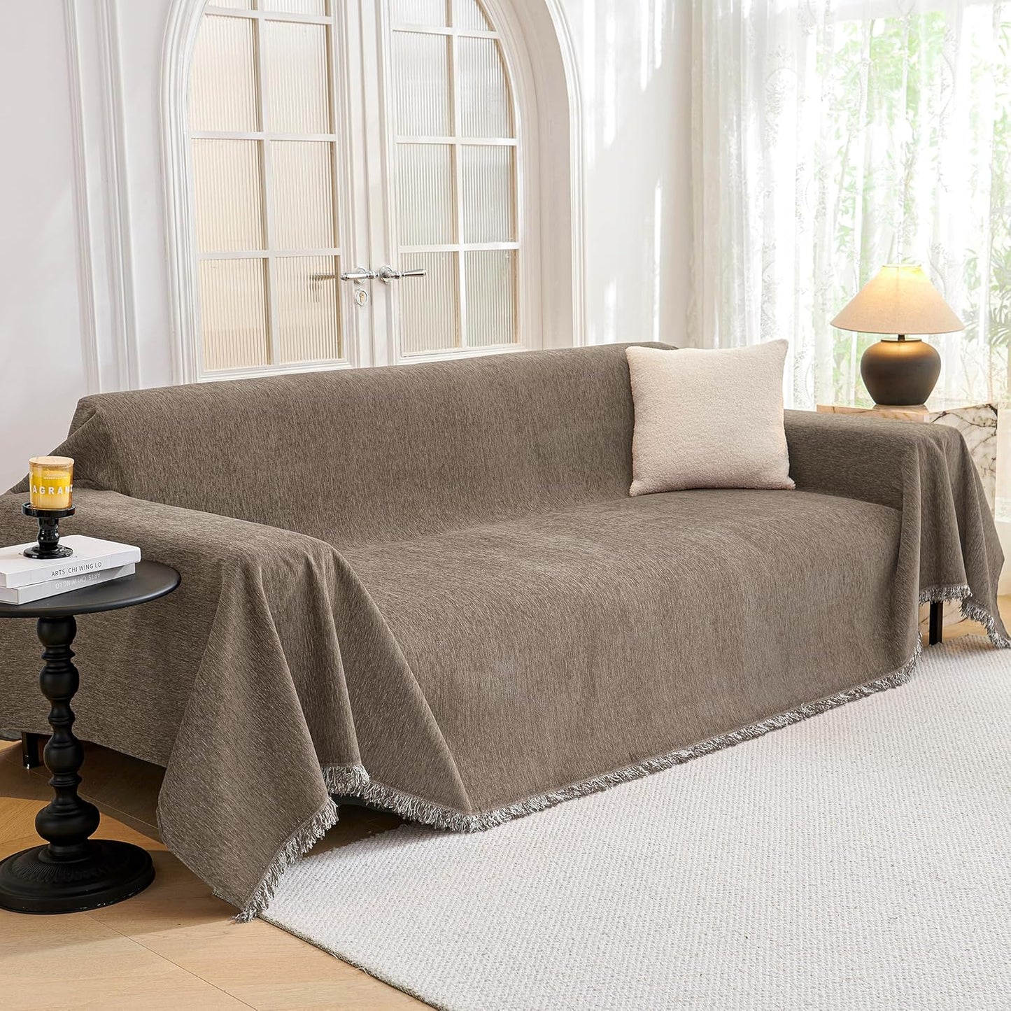 MYSKY HOME Couch Cover for Dogs, Washable Couch Covers, Non Slip Couch Sofa Cover, Couch Cover 2 Cushion Sofa Dogs Furniture Protector with Tassels Chenille Sofa Covers for Pets, 71"x118", Sand