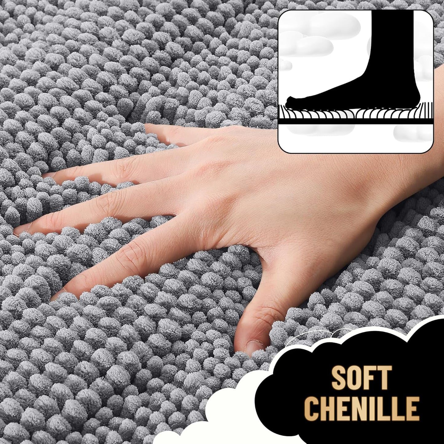 OLANLY Thick Bathroom Rugs 47x24, Extra Soft Absorbent Chenille Striped Bath Rugs, Rubber Backing, Machine Wash Dry, Bath Mats for Bathroom Floor, Tub and Shower, Home Decor Accessories, Grey