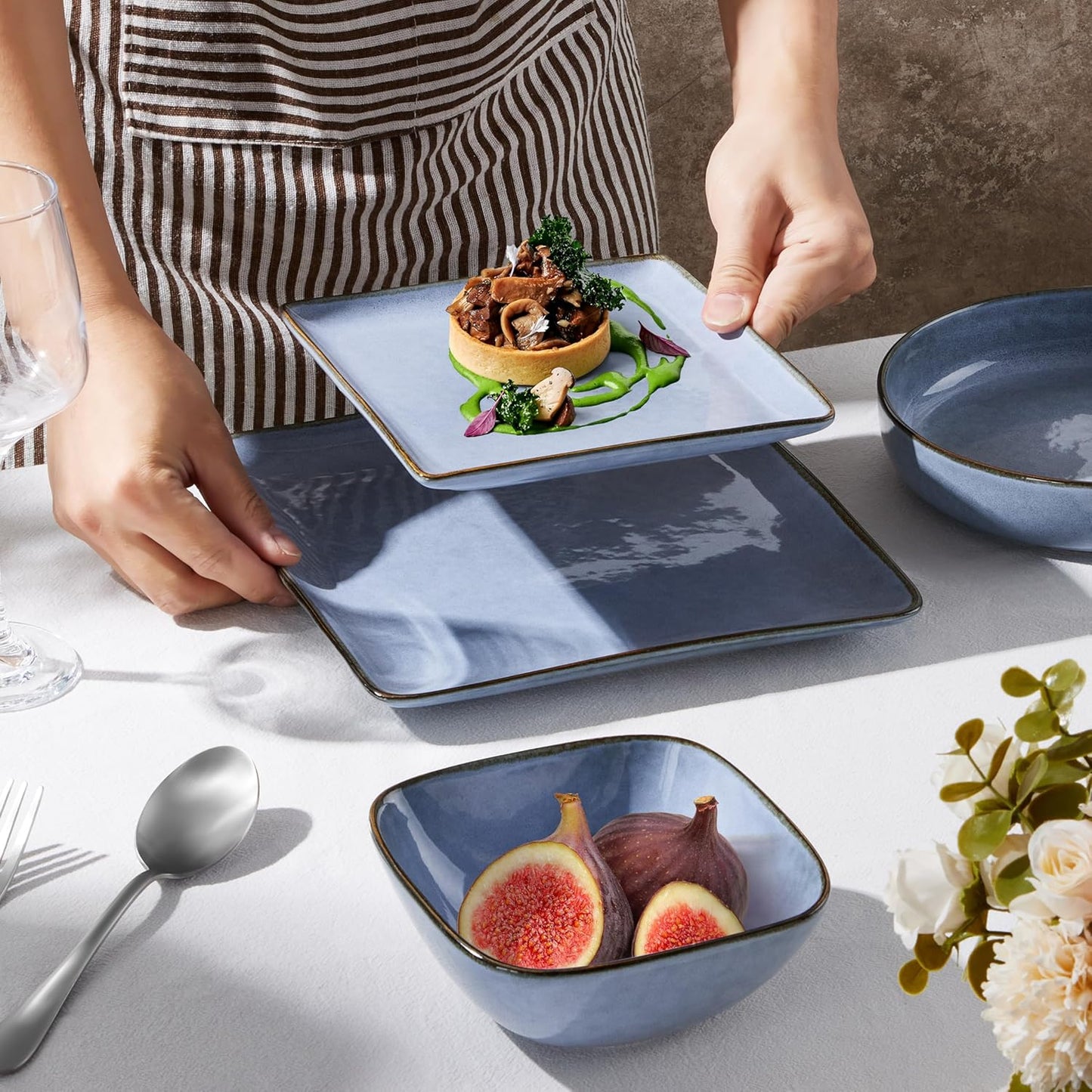 E-far Square Plates and Bowls Sets, 12-Piece Stoneware Dinnerware Sets for 4, Reactive Glaze Dish Set, Chip and Scratch Resistant, Microwave and Dishwasher Safe, Ocean Blue
