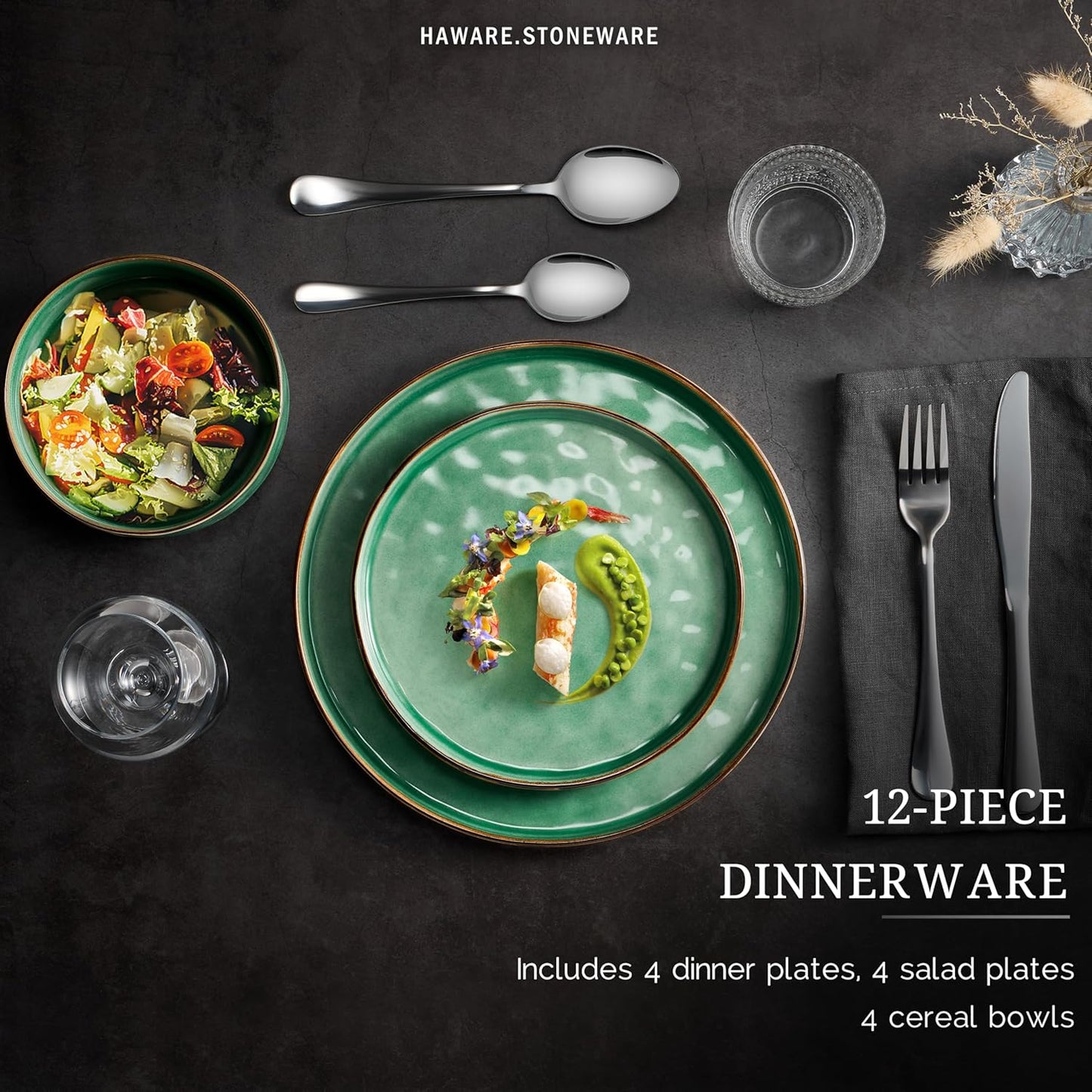 HaWare Dinnerware Sets, 12-Piece Plates and Bowls Set, Stoneware Dish Set for 4, Ceramic Dinnerware for Home Restaurant, Chip and Scratch Resistant, Microwave and Dishwasher Safe, Reactive Green