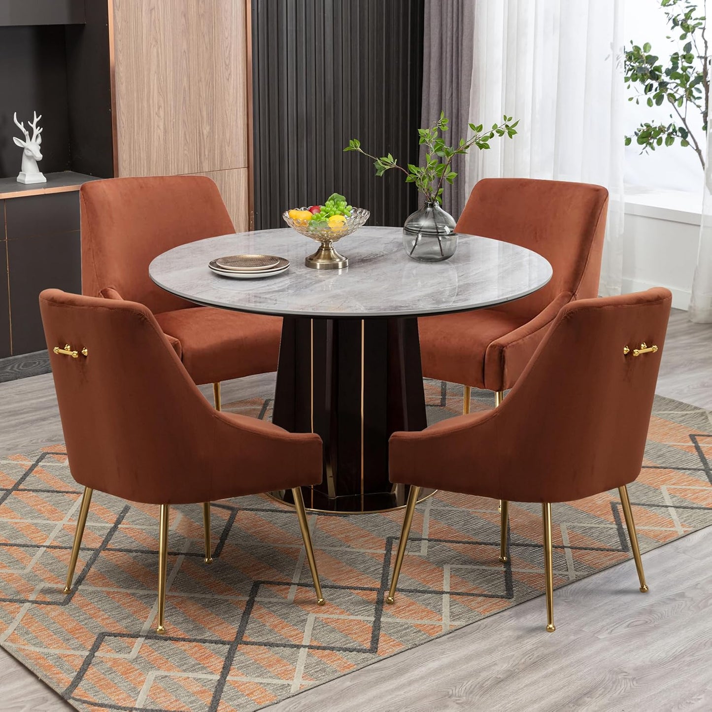 Modern Velvet Dining Chairs Set of 4, Contemporary Upholstered Furniture Collection with Polished Gold Metal Legs, Elegant Accent Chairs for Kitchen Living Room(Brown)