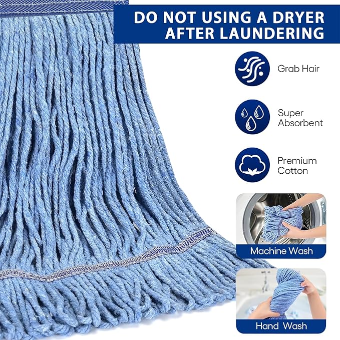 Matthew Cleaning Heavy Duty Mop Head Commercial Replacement for General and Floor Cleaning , Wet Industrial Blue Cotton Looped End String Head Refill (Pack of 3) Blue