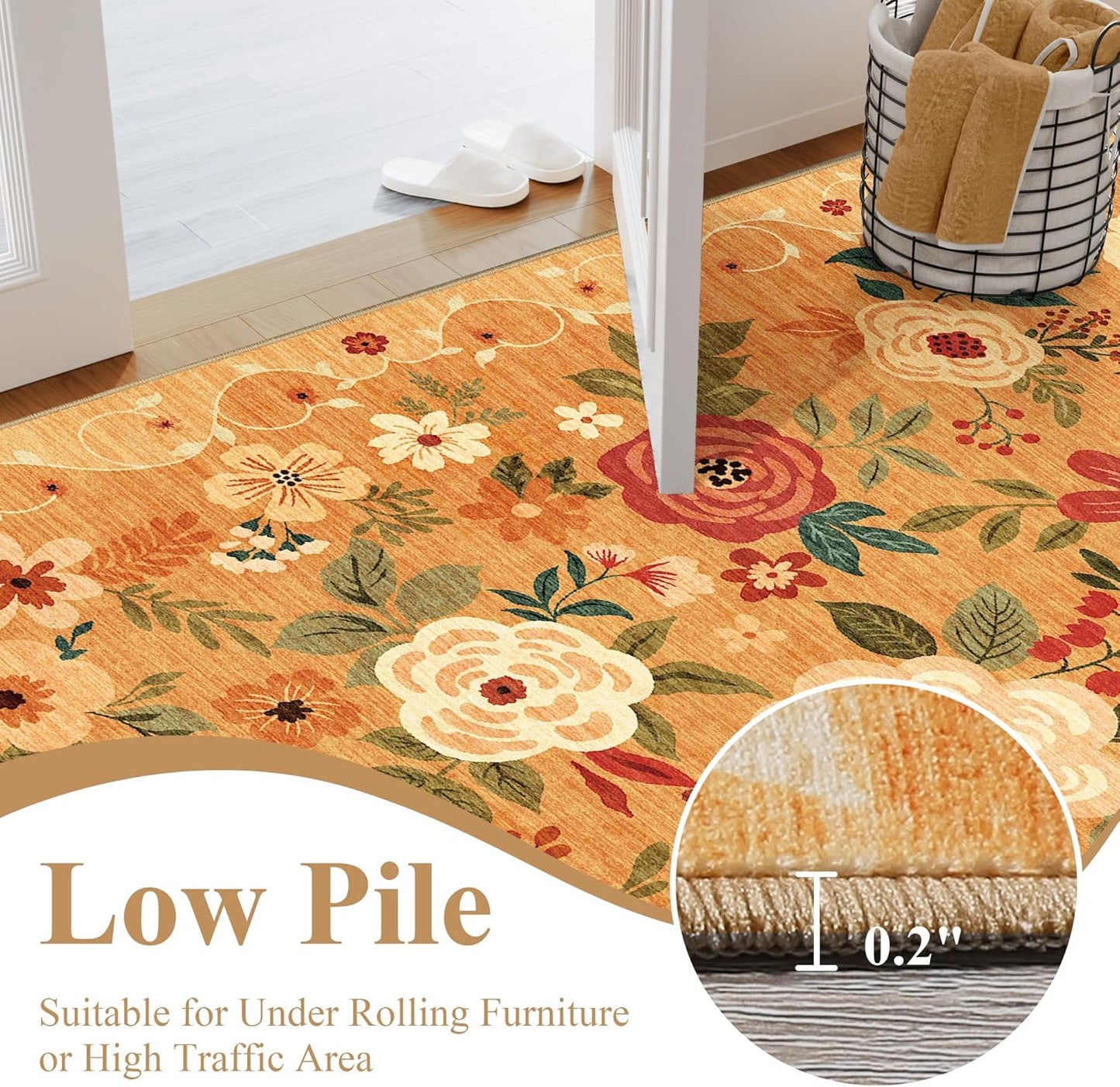 DUKINO 4x6 Area Rug, Lightweight Non Slip Washable Floral Rug, Indoor Low Pile & Non-Shedding Boho Design Rugs for Bedroom, Living Room, Dining Room, Orange