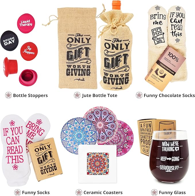 Wine Gift Basket - This Wine Gift Box Contains 13 Wine Gifts For Women - A Wine Basket with Funny Socks, Wine Stoppers, Wine Tote, Coasters and a Funny Wine Glass.