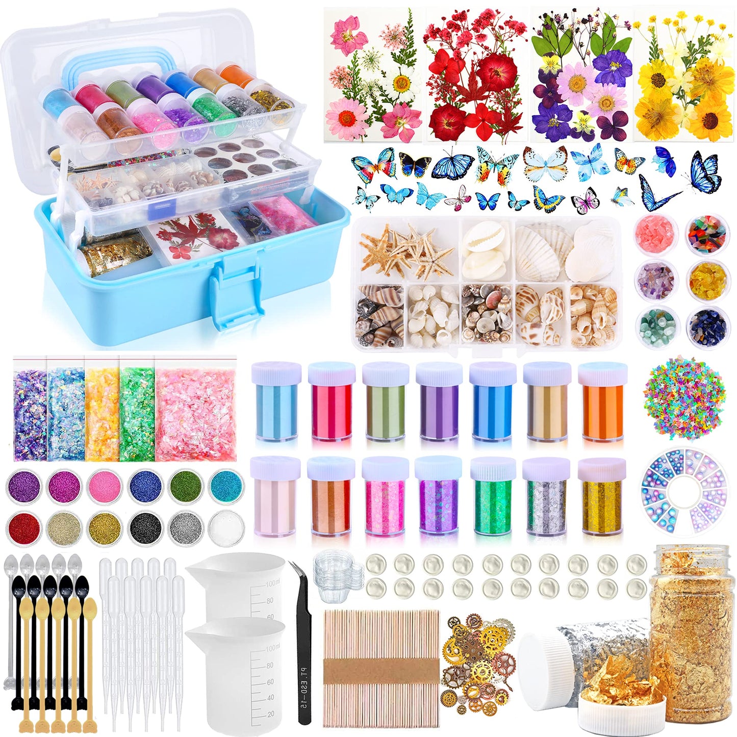 Myzzxt Resin Decoration Accessories Kit,Supplies Kit for Beginner,with Dried Flowers,Butterfly Stickers,Mica Powder and Fillers,Measuring Cups Tool Kit,for Resin Jewelry Making