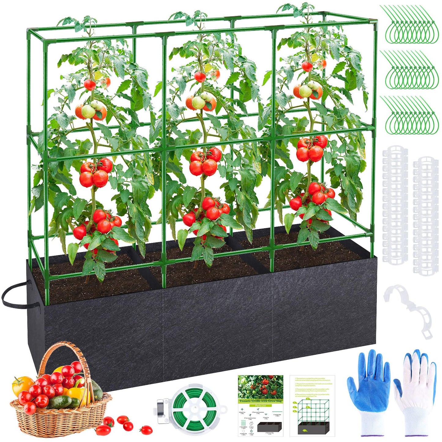 POILKMNI Tomato Cage 51×17×49 Inch with 46 Gallon Grow Bag, Heavy Duty Plastic Coated Steel Plant Support Trellis for Tomato Cucumber Climbing Plants Outdoor Indoor