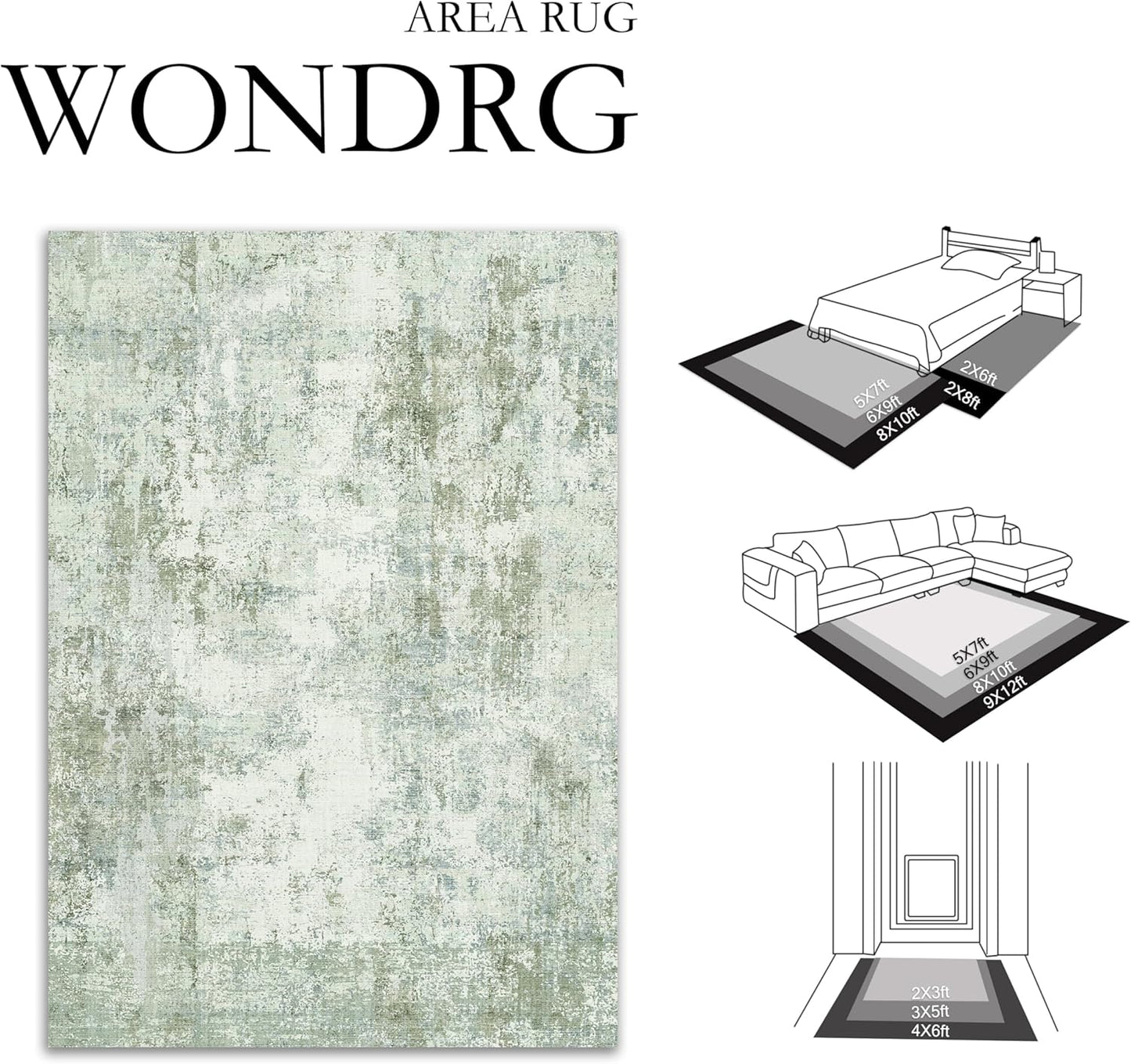 8x10 Washable Area Rug Green Modern Neutral Abstract Living Room Bedroom Indoor Floor Carpet Low Pile Soft Non-Slip Lightweight Vacuumable Large Throw Rug for Nursery Dining Room