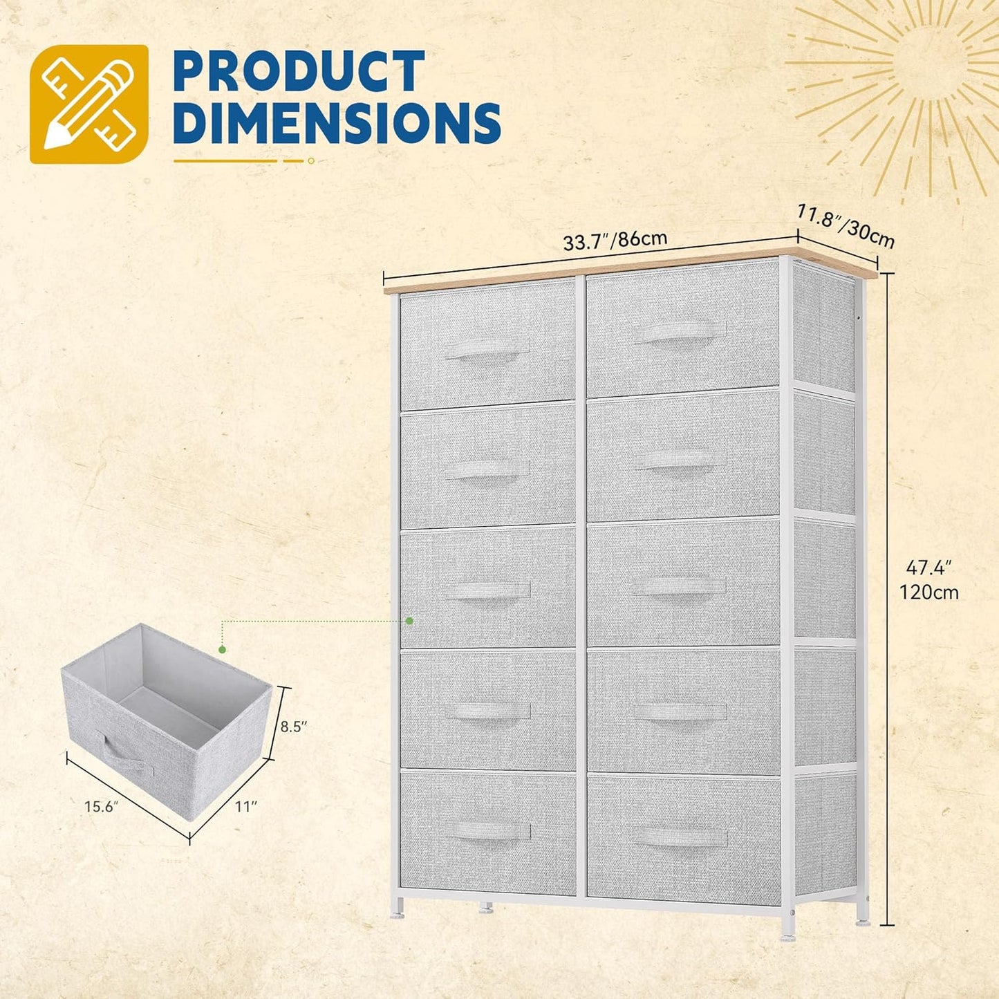 DWVO 10 Drawers Dresser, Fabric Dresser, Fabric Storage Tower, Organizer Unit for Room, Living Room, Hallway, Closets
