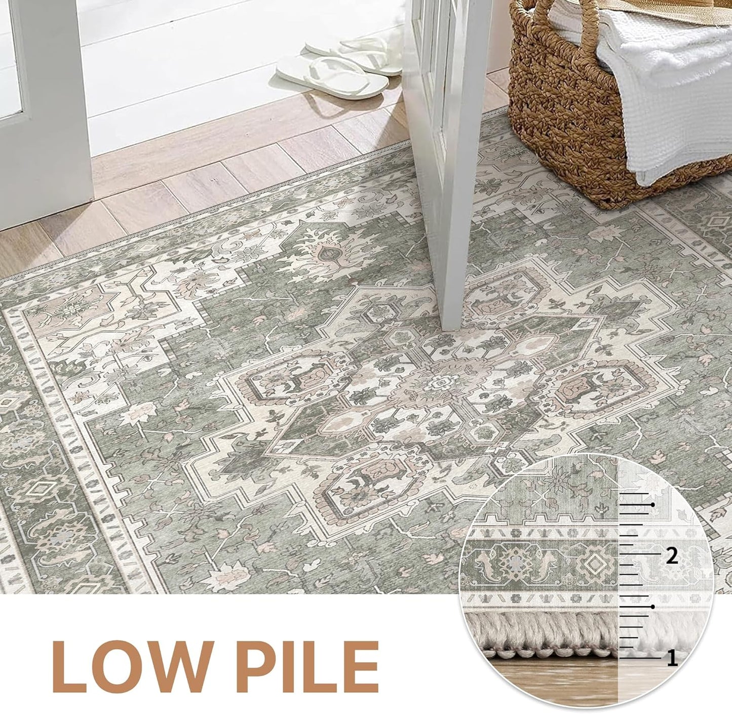 GENIMO 5x7 Area Rugs for Living Room, Machine Washable Non Slip Vintage Rugs, Low Pile Lightweight Chenille Print Rug for Bedroom, Dining Room, Home Office, Moonlight