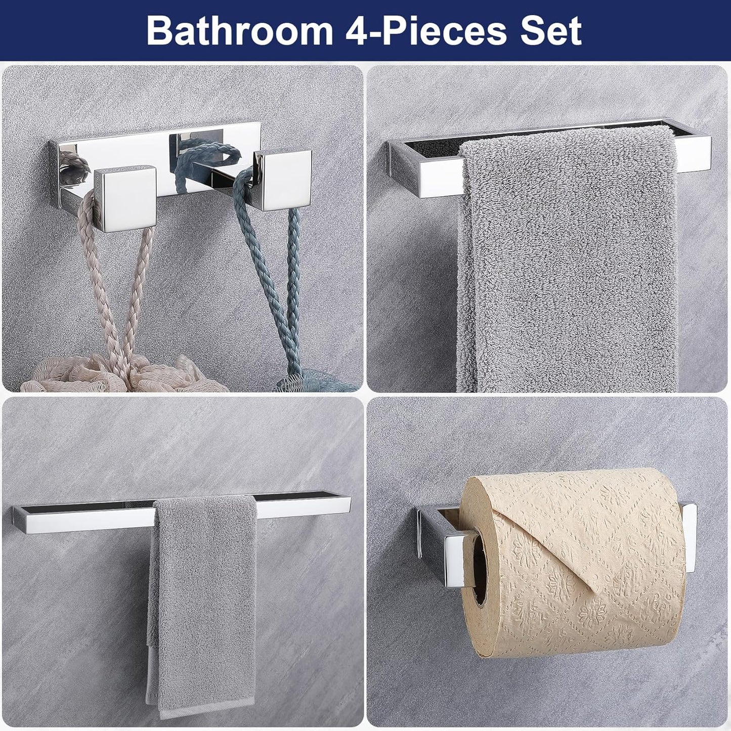 Lairuier Bath Towel Bar Set, Polished Chrome 4-Piece Bathroom Hardware Set Including Towel Bar, Towel Holder, Toilet Paper Holder, Towel Hook. Stainless Steel Bathroom Hardware Accessory