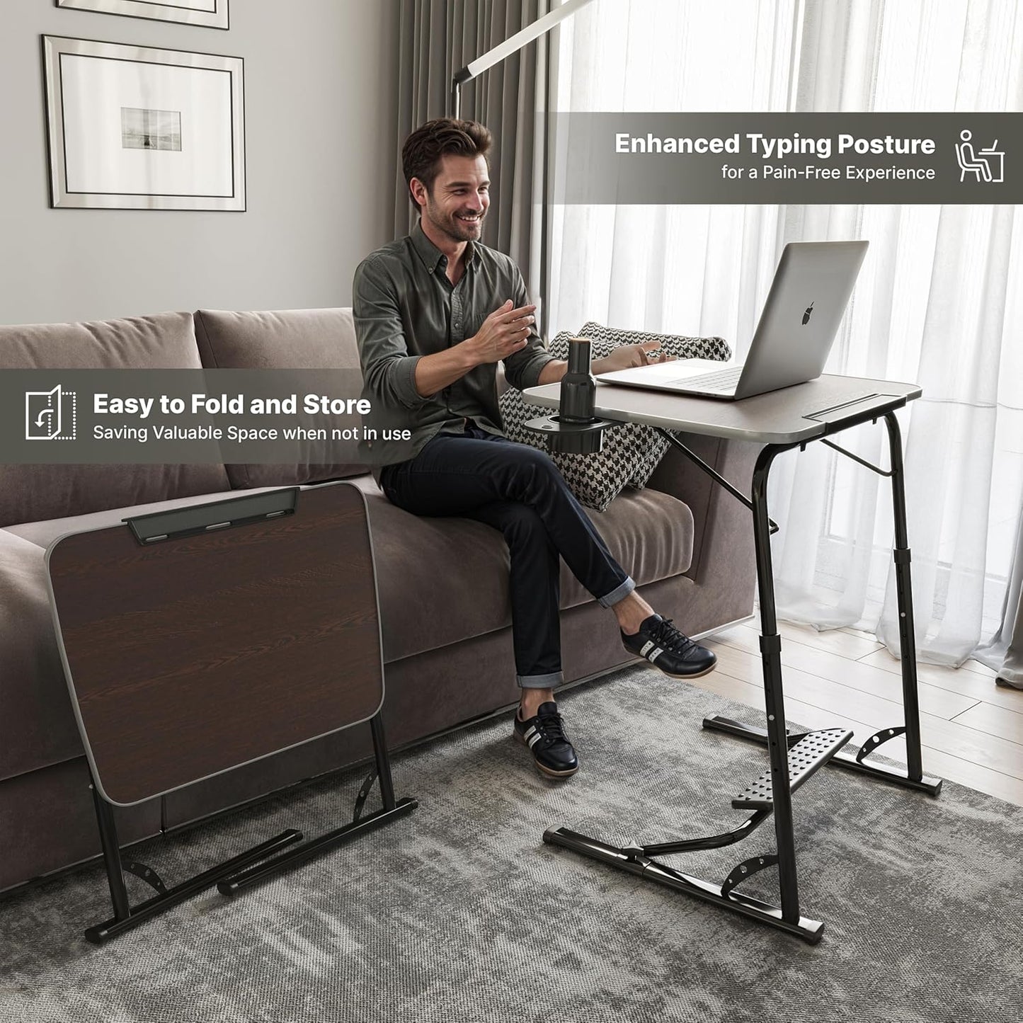 FoldWise Upgraded Folding TV Tray Table - Extra Large & Sturdy Laptop Table for Couch, Height & Angle Adjustable Desk for Dinner, Work & TV - Includes Footrest, Cup Holder, iPad Holder & Edge Stopper