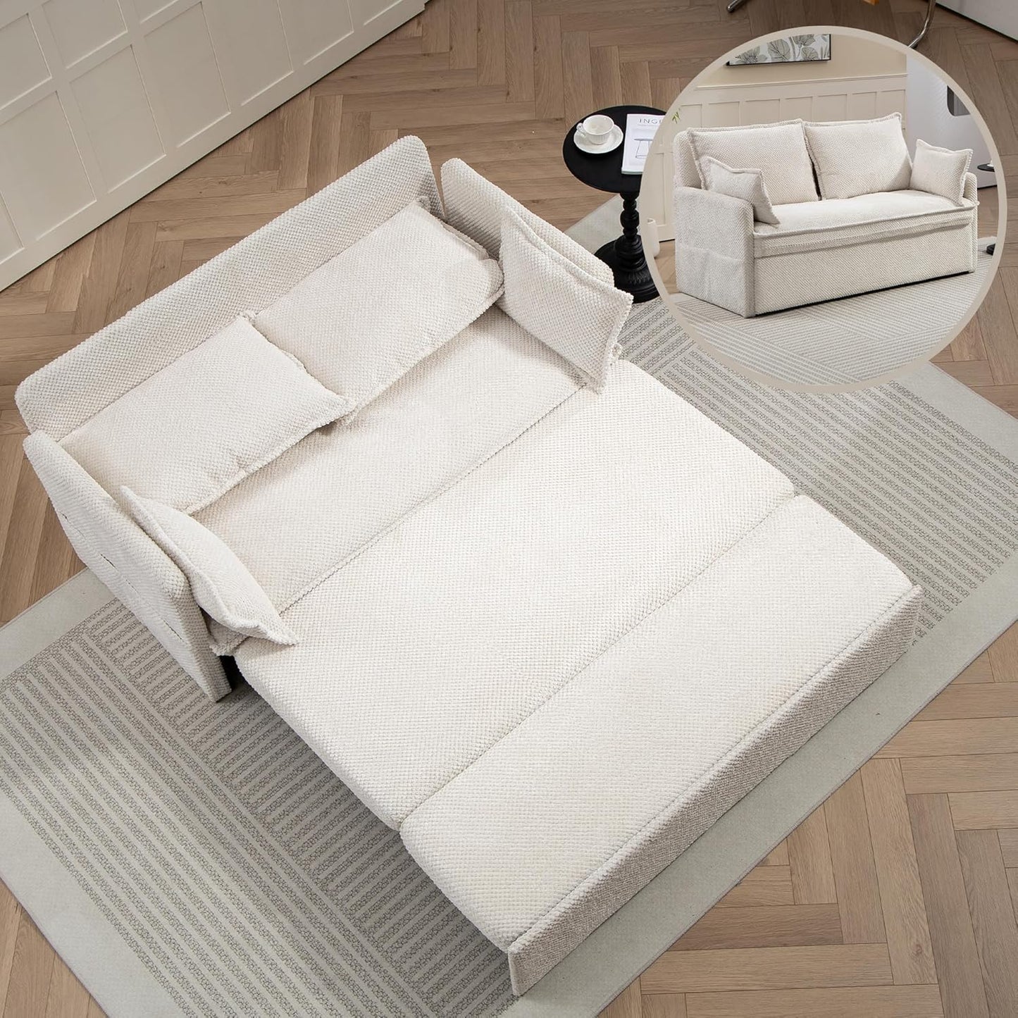Furnimart 59.5" Queen Size Pull Out Sofa Bed, 3 in 1 Convertible Sleeper Bed with USB/C-Type Charging Ports & Side Pockets, Modern Futon Couch for Living Room, Apartment, RV, Corduroy White