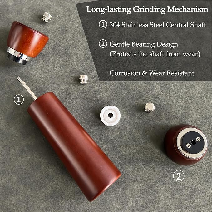 Wooden Salt and Pepper Grinder Set – Refillable Salt and Pepper Mill with Adjustable Upgraded Large Size Ceramic Burr – Manual Pepper Grinder with Beech Wood Body – 8.3” Tall (Chocolate Wood)
