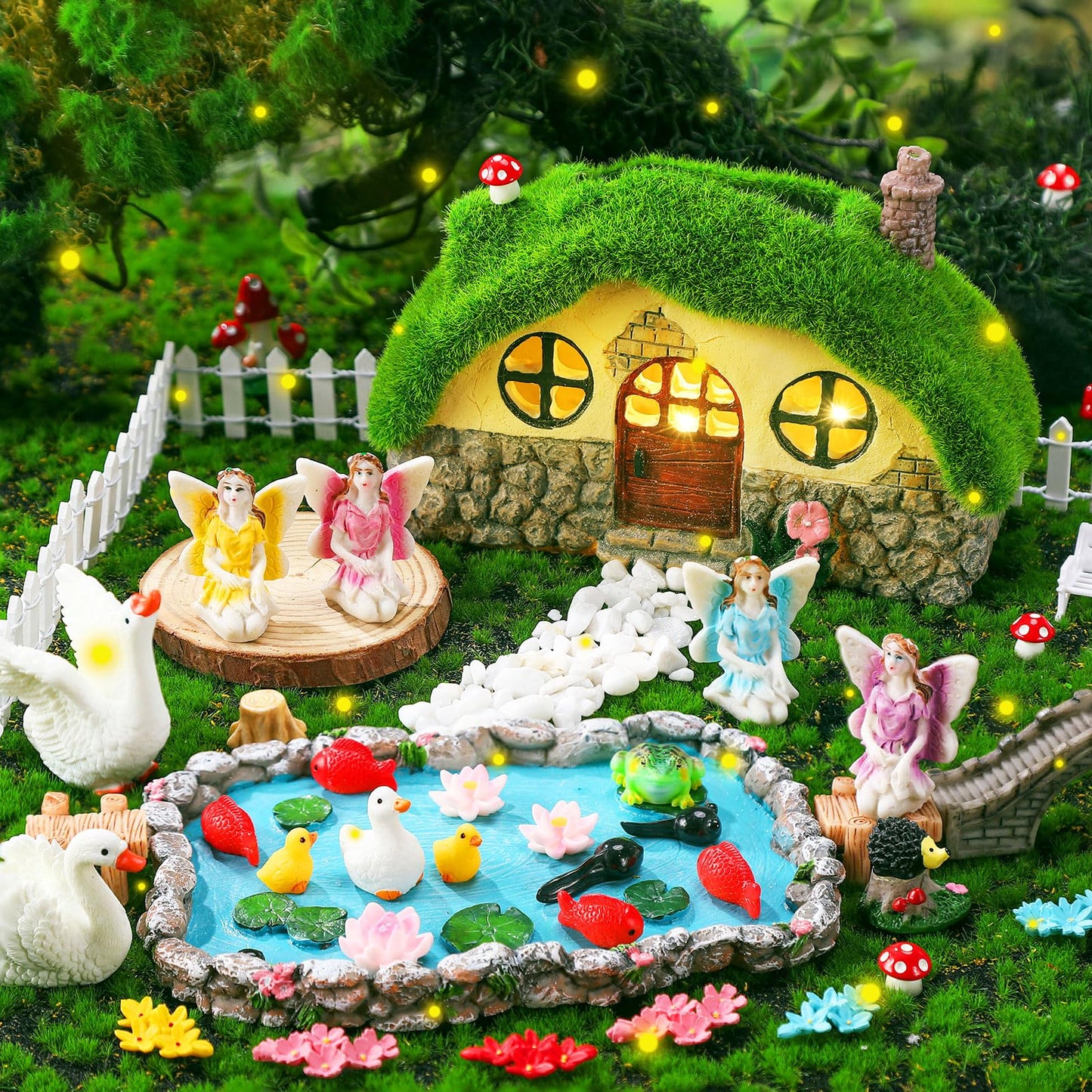 Roowest 57 Pcs Solar Fairy House Garden Accessories Kit Light up Mushroom House Resin Fairy Village Figures Garden Resin Miniature Fish Pond Figures Micro Landscape Outdoor Decorations