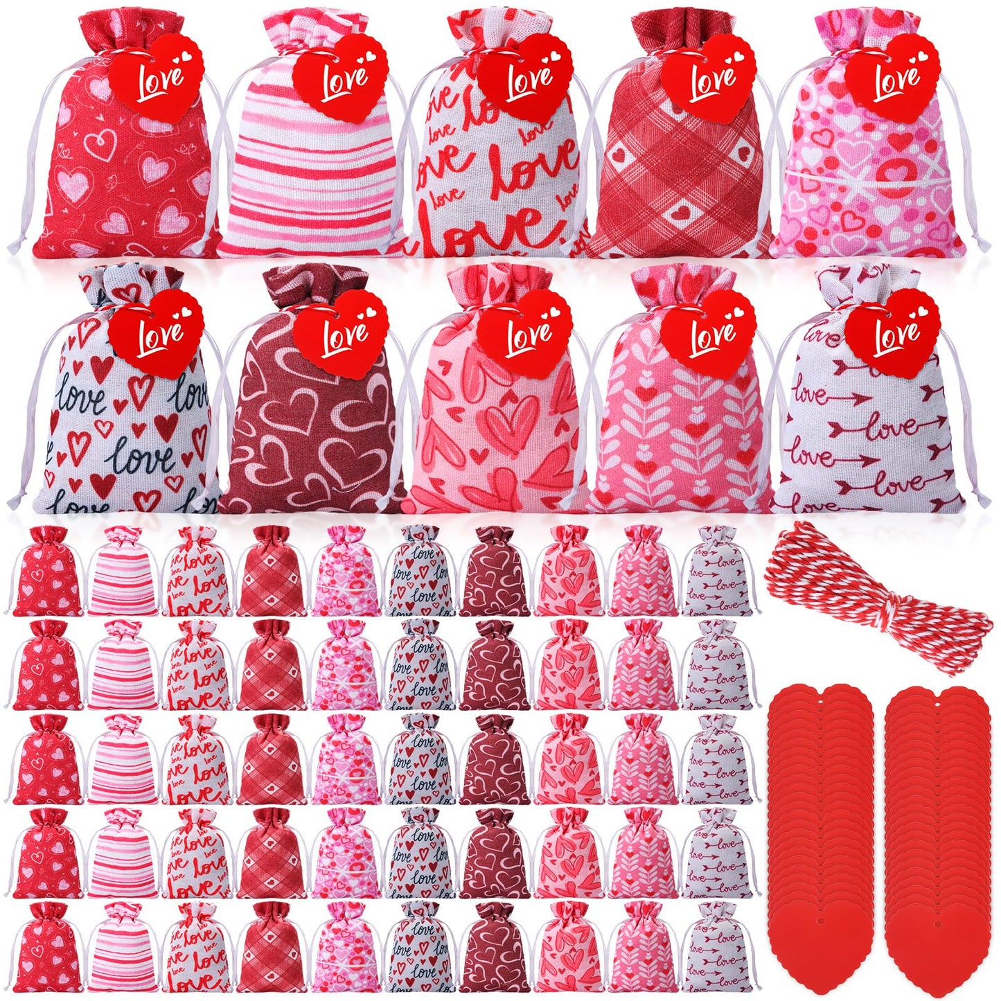 Sweetude 50 Pcs Valentine's Day Burlap Gift Bags with Heart Tag 4 x 6 Inch Small Drawstring Bags Reusable Goody Treat Pouches for Candy DIY Crafts Wedding Favors Party Supplies