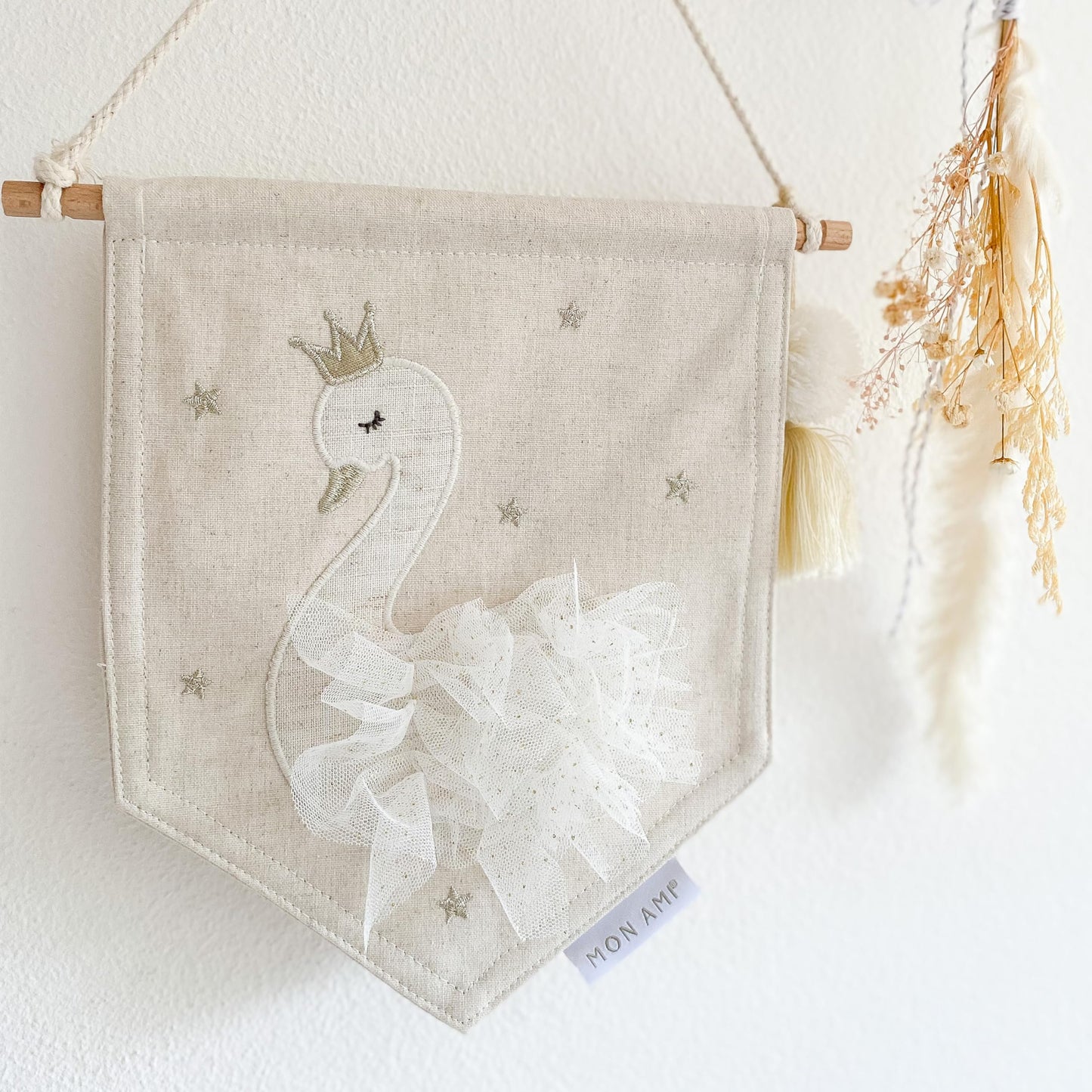 MON AMI Embroidered Swan Hanging Wall Canvas Banner | 10-Inch Plush Wall Décor for Nursery & Kids’ Room | Elegant Swan Design with Tassels | Whimsical Gift for Baby Showers & Birthdays