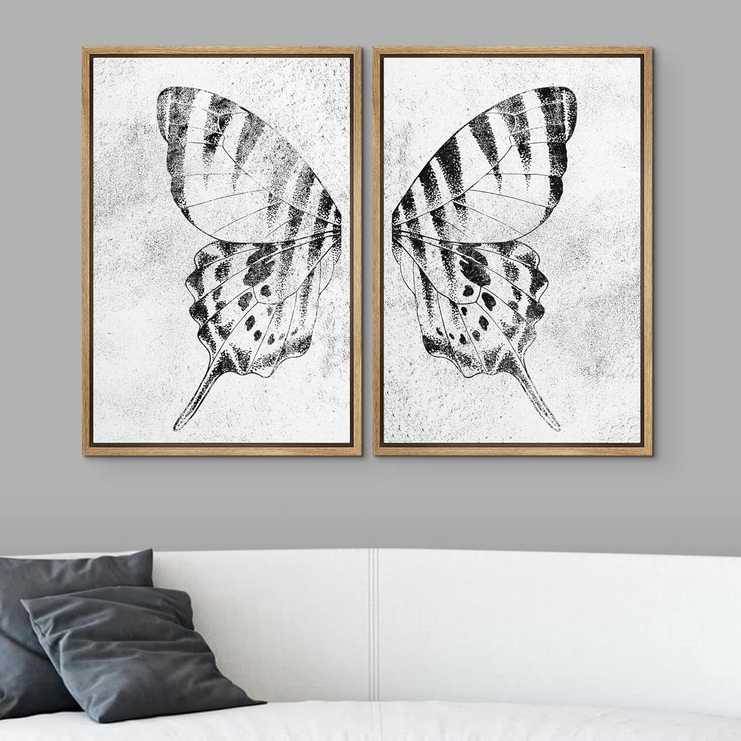 SIGNWIN Framed Canvas Print Wall Art Set Black & White Monarch Butterfly Wing Insect Nature Wilderness Illustrations Modern Art Rustic Relax/Calm for Living Room, Bedroom, Office - 24"x36"x2 Natural