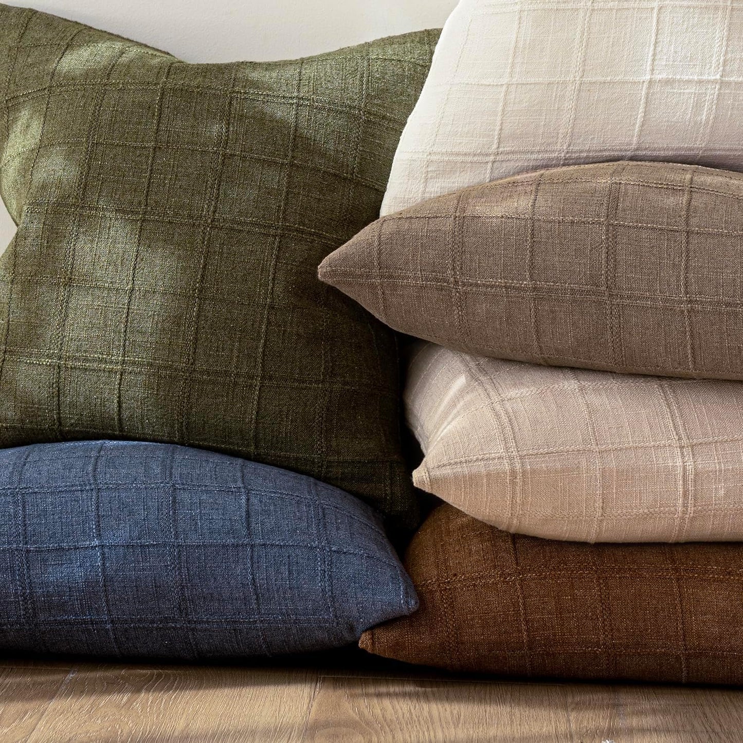 Foindtower Set of 2 Decorative Linen Check Throw Pillow Covers Neutral Farmhouse Vintage Cushion Covers Modern Boho Home Decor for Sofa Chair Couch Bedroom Living Room Outdoor,20×20 Inch,Tan Taupe