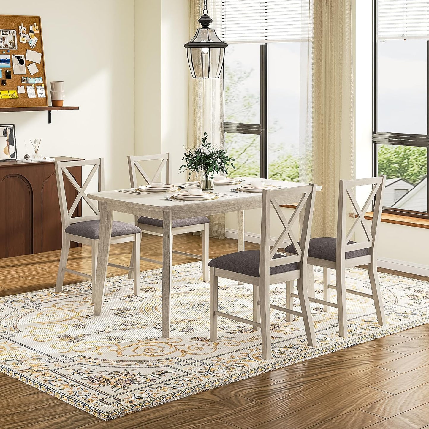 Solid Wood Dining Chairs Set of 4, Farmhouse Chairs with High Cross Back and Upholstered Seat, Easy Assembly for Dining Room, Kitchen, Washed Gray