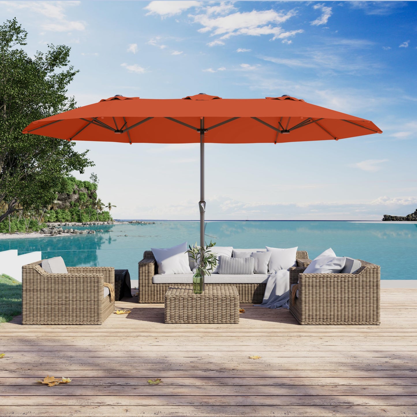 PatioKingdom 15FT Large Patio Umbrella with Base, Double Sided Rectangular Outdoor Umbrella with Sturdy Fiberglass Ribs, Market Umbrella for Pool,Garden,Backyard,Deck (Orange, 15FT)