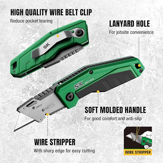 SK Folding Utility Knife with Additional Wire Cutter, Quick Change Box Cutter with Liner Lock & Belt Clip, Lightweight Aluminum Handle