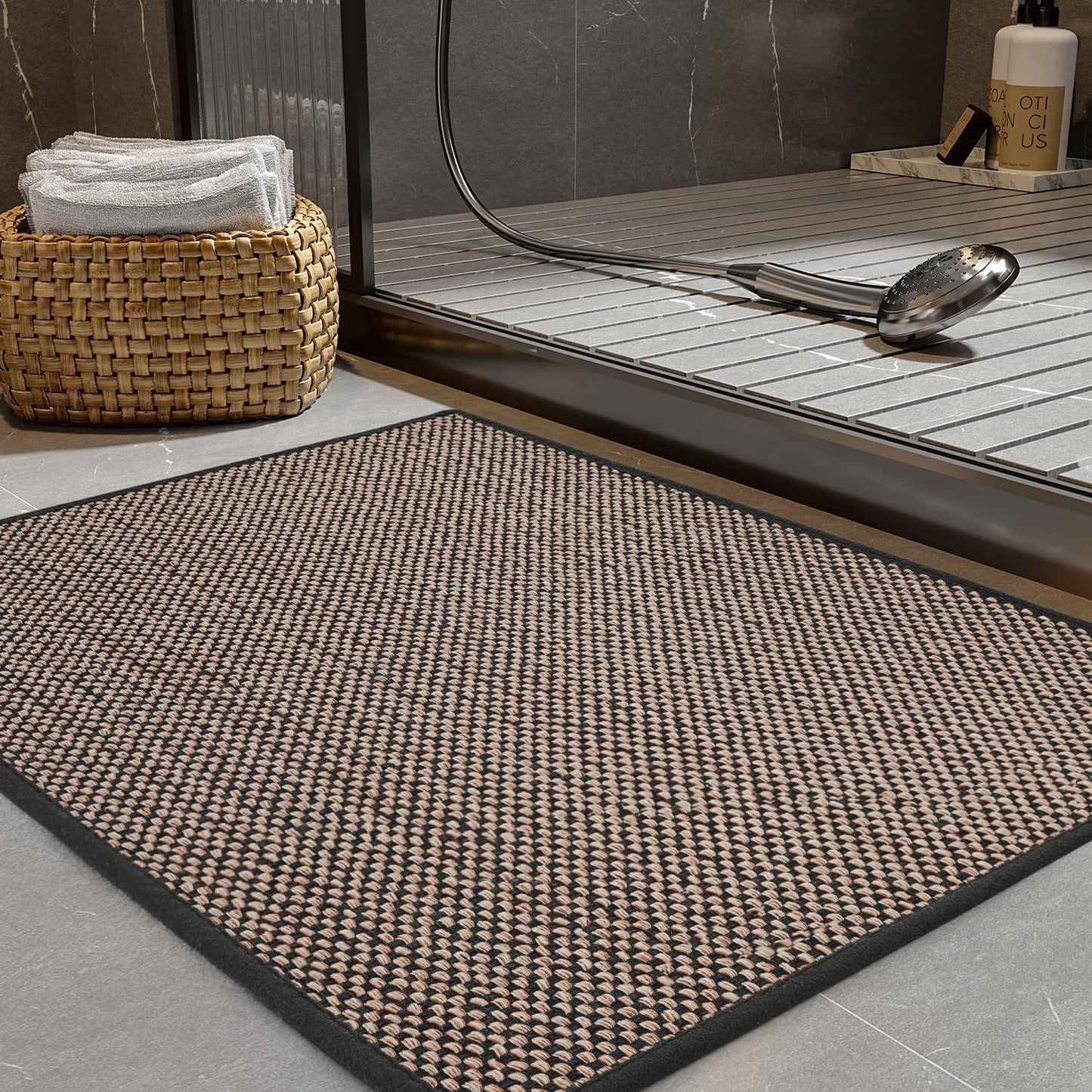 PADOOR Non-Slip Bath Mat With Rubber-Backing, Braided Absorbent Machine Washable Thin Rug for Bathroom Floor, Fits Under Door, Quick Dry, 17''x24'' Black