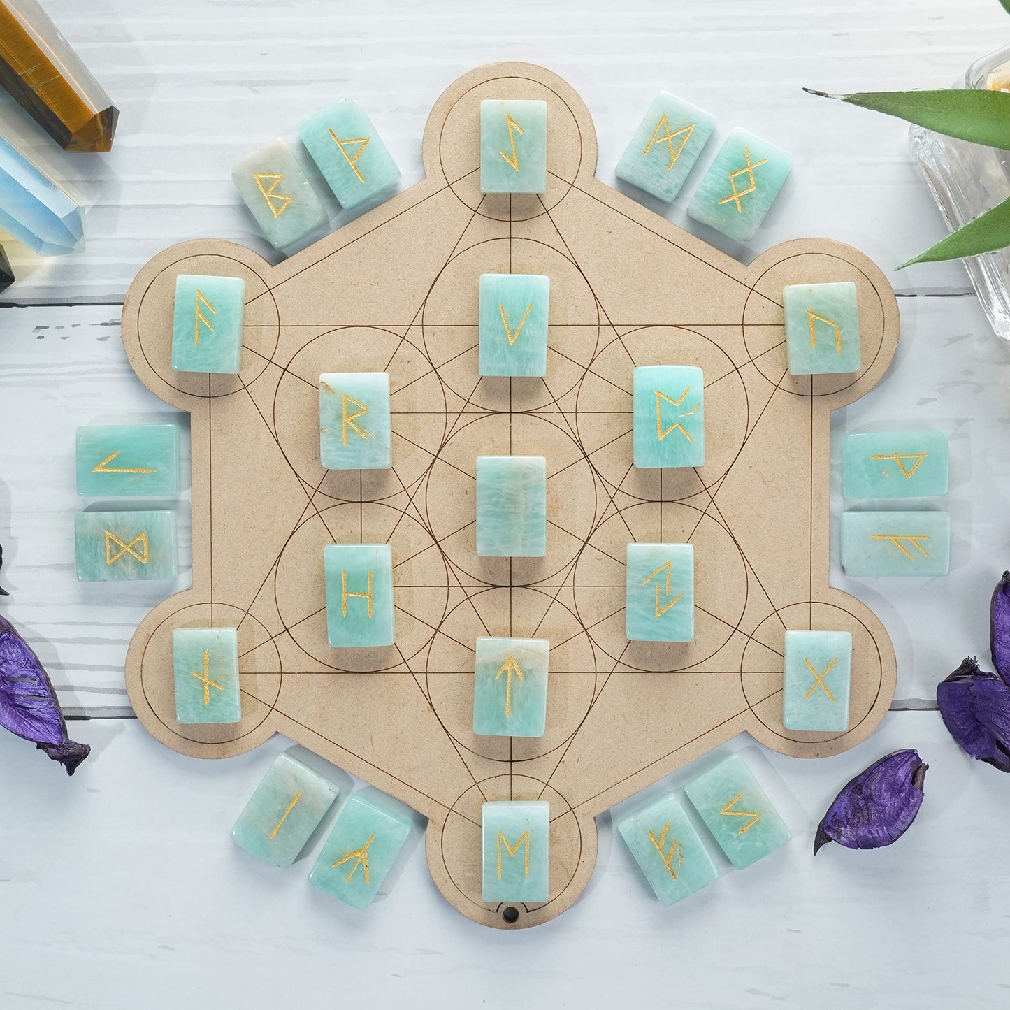 Crocon Amazonite Rectangle Shape Gemstone Runes with Elder Futhark Alphabet Engraved 25 pcs Rune Set Crystal Divination Metaphysical Healing Chakra Reiki Runes Set with a Pouch Size : 20-25mm