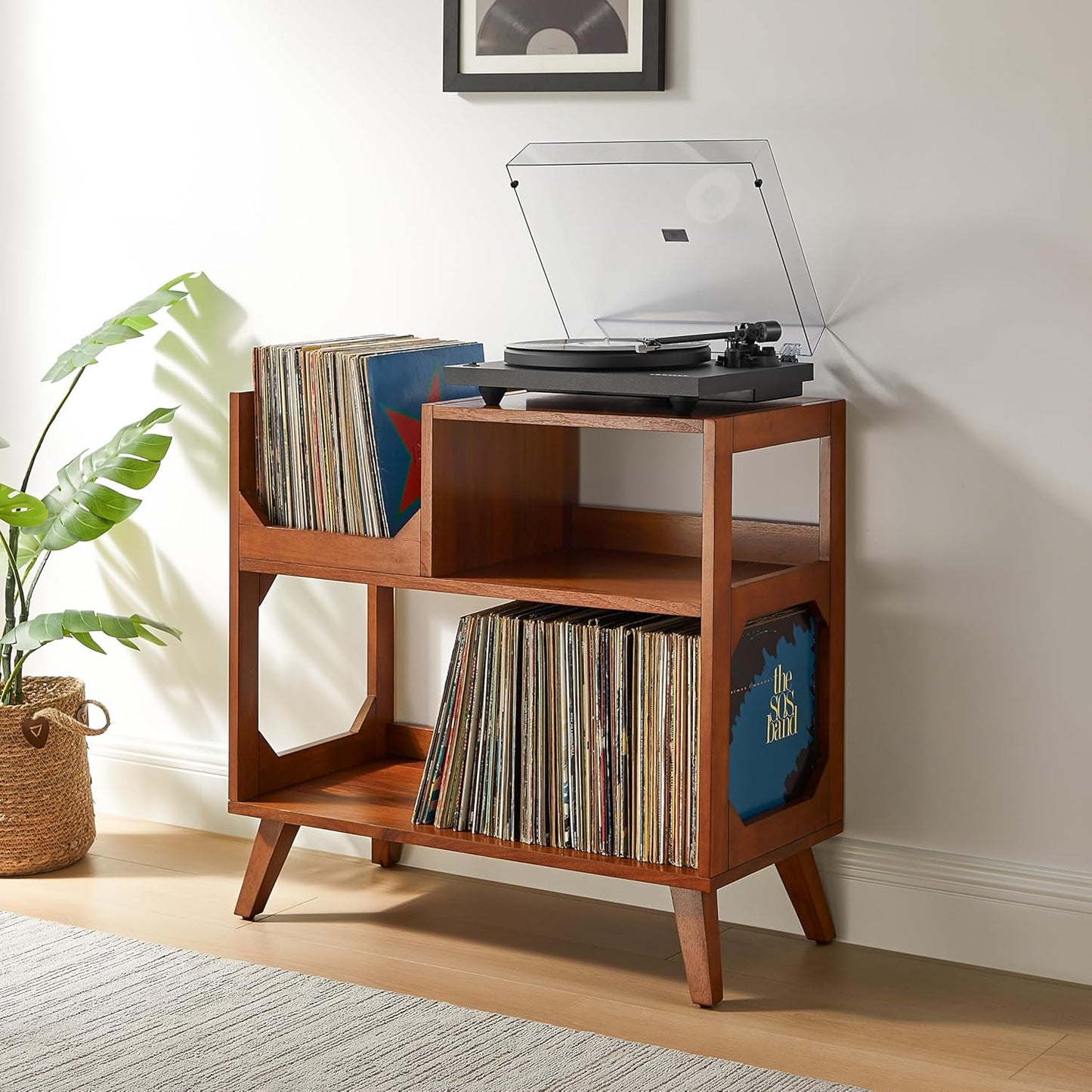Crosley Furniture Asheville Mid-Century Modern Media Console Record Player Stand, Storage for Vinyl Records, Medium, Walnut