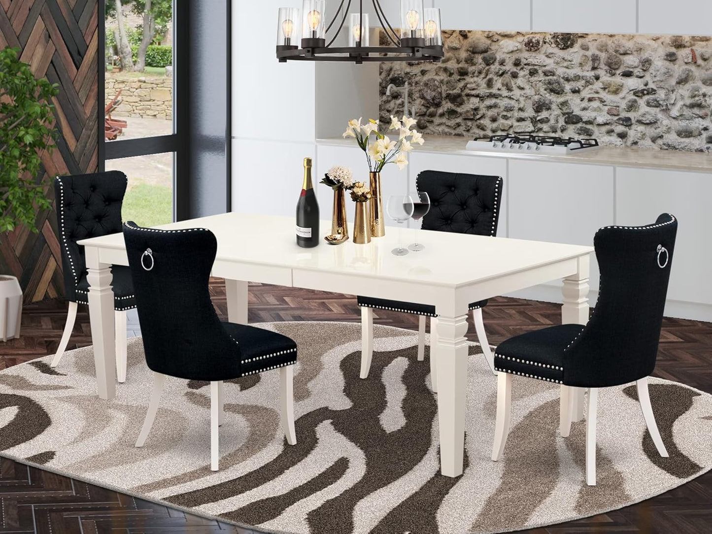 East West Furniture LGDA5-LWH-24 5 Piece Dining Table Set Includes a Rectangle Wooden Table with Butterfly Leaf and 4 Polyester Fabric Upholstered Chairs, 42x84 Inch, linen white
