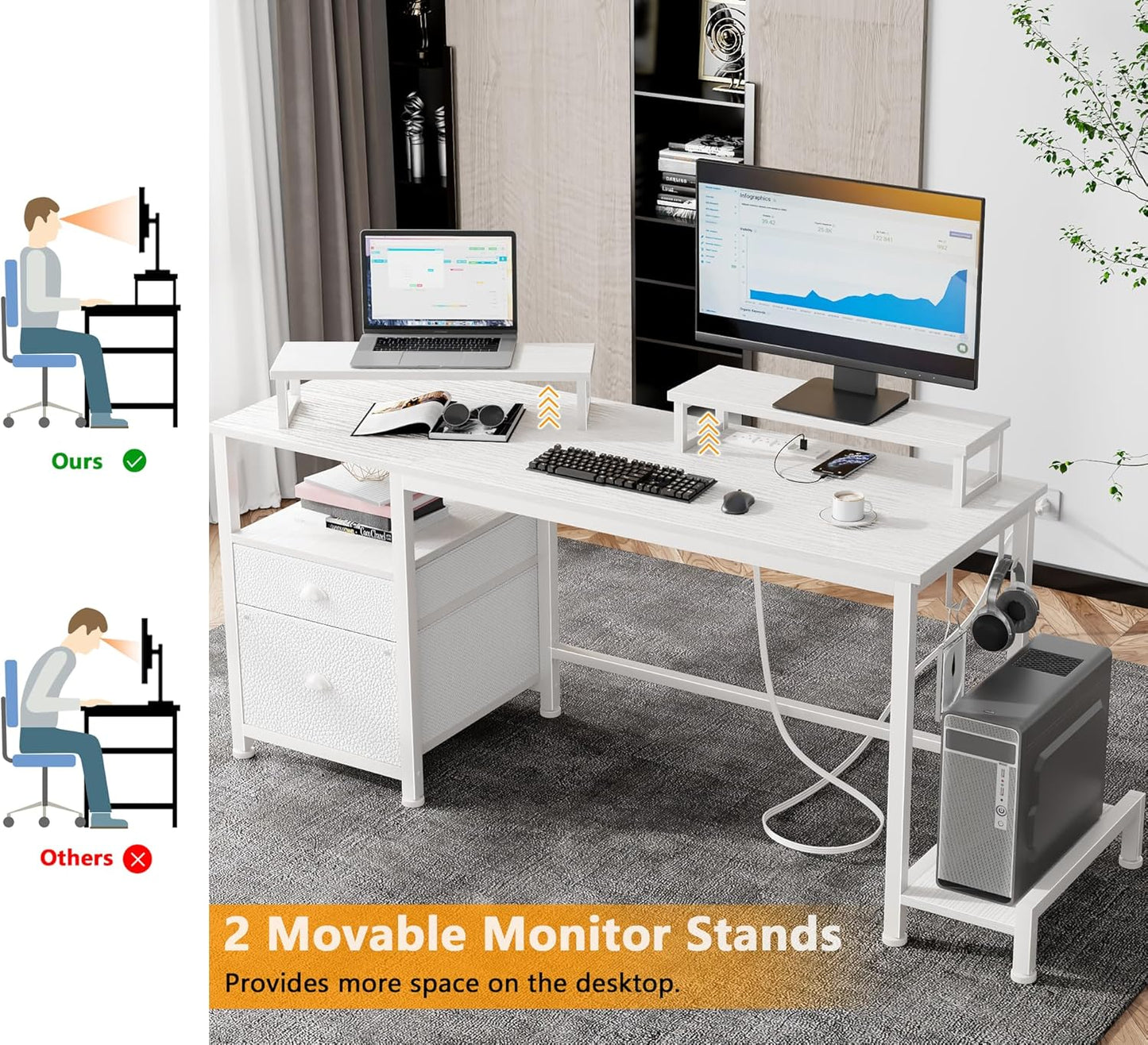 Furologee 47" Computer Desk with File Cabinet and Power Outlets, Home Office Desk with 2 Monitor Stands and Storage Drawer, Writing Gaming Table with Shelves and 2 Hooks for Bedroom, White