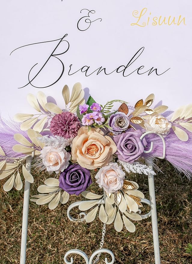 Wedding Arch Flowers, Artificial Floral Decor for Wedding Ceremony & Reception, Standard Size Large Flower Swag Set for Backdrop & Welcome Sign, Pack of 2 (Purple Pampas)
