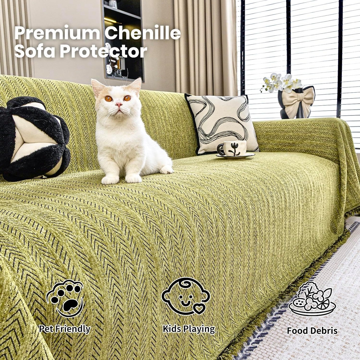 Nobildonna Sofa Cover Washable Soft Thicken Chenille Couch Cover with Tassel,Waterproof Sofa Slipcover for 3-4 Cushion Couch,Sectional Sofa,L-Shaped Furniture Protector Pet-Friendly,Green 91"x150"