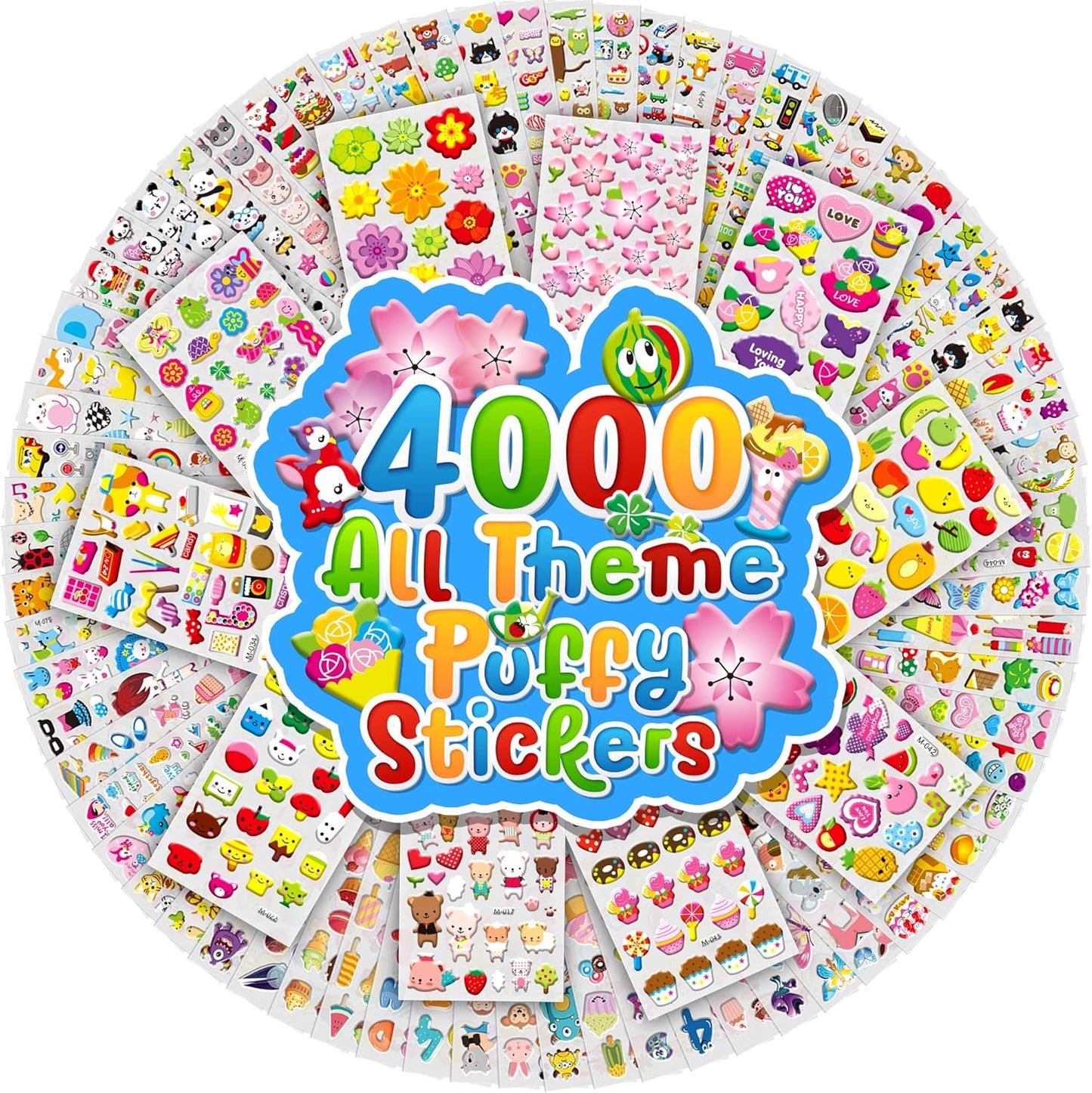 Puffy Stickers for Toddlers,4000+ Cute 3D Sticker,80 Different Sheets of Kawaii-Stickers for Kids Girls Boys, Small Tiny Animal Stickers Bulk for Party Favors, Teachers Reward, Scrapbooks Craft