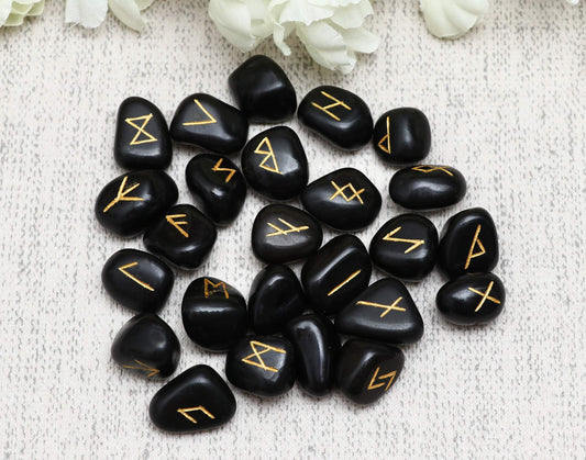 Crocon Black Tourmaline Gemstone Elder Futhark Alphabet Engraved Symbol Rune Stone 25 pcs Set for Feng Shui Chakra Balancing Reiki Healing Spiritual Metaphysical Size: 2025 mm