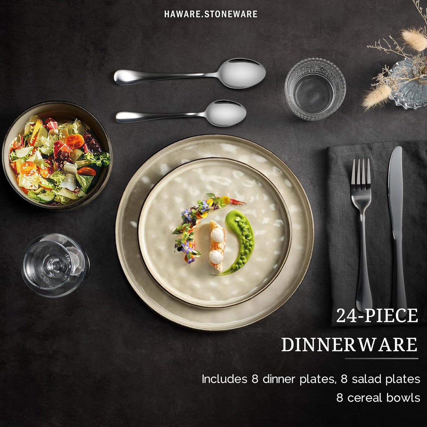 HaWare Dinnerware Sets, 24-Piece Plates and Bowls Set, Stoneware Dish Set for 8, Ceramic Dinnerware for Home Restaurant, Chip and Scratch Resistant, Microwave and Dishwasher Safe, Reactive Khaki