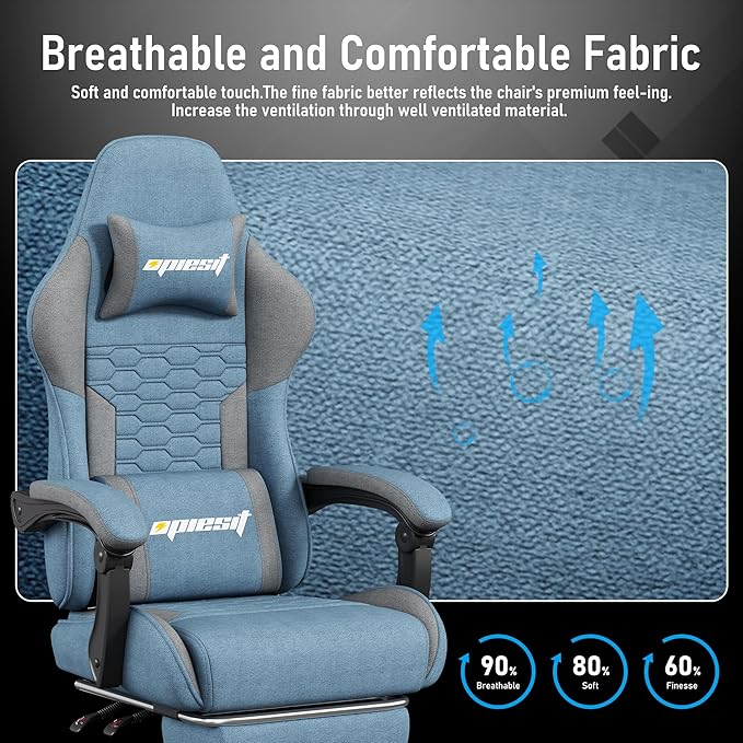 Gaming Chair, Fabric Computer Chairs with Lumbar Support and Massager, Ergonomic Office Chair with Footrest & Pocket Spring Cushion, Bearing 400 LBS（Blue）