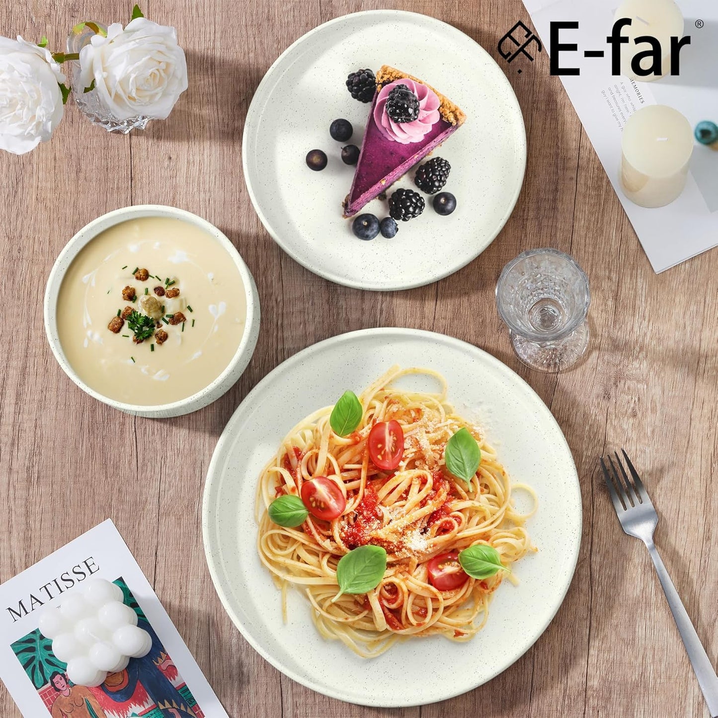 E-far Stoneware Dinnerware Sets, 12-Piece Plates and Bowls Dish Set for 4, Kitchen Modern Dinning Dishware, Chip and Scratch Resistant, Microwave & Dishwasher Safe, Speckled White