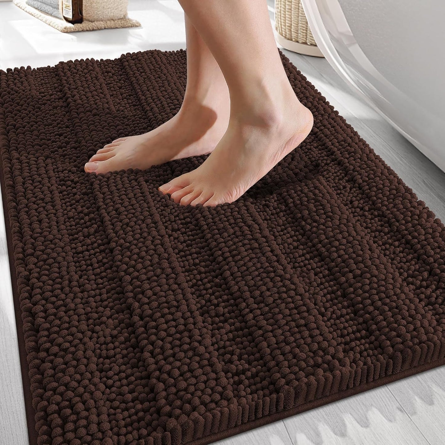 OLANLY Thick Bathroom Rugs 30x20, Extra Soft Absorbent Chenille Striped Bath Rugs, Rubber Backing, Machine Wash Dry, Bath Mats for Bathroom Floor, Tub and Shower, Home Decor Accessories, Brown