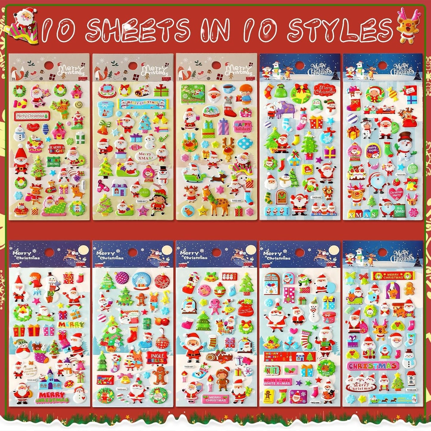 UPINS Christmas Stickers for Kids, 10 Sheets Holiday 3D Puffy Foam Decals - Cute Snowman, Reindeer, Tree, Santa for Party Favors, Scrapbooking, DIY Crafts